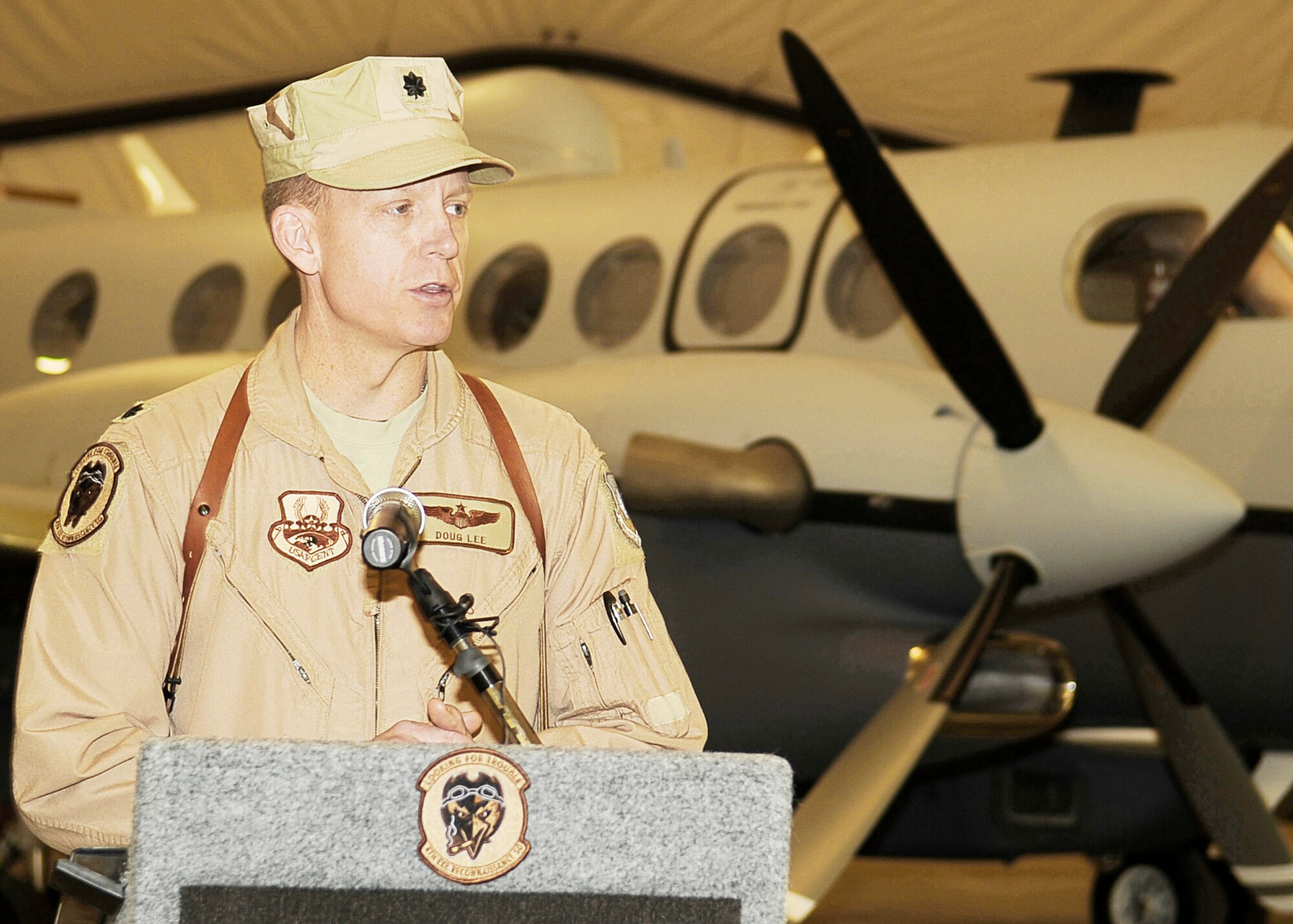 Lt. Col. Douglas Lee speaks at the Dec. 27, 2009, activation cermeony for the 4th Expeditionary Reconnaissance Squadron at Bagram Airfield, Afghanistan. Colonel Lee is the commander of the new 4th ERS. (U.S. Air Force photo/Tech. Sgt. Jeromy K. Cross)