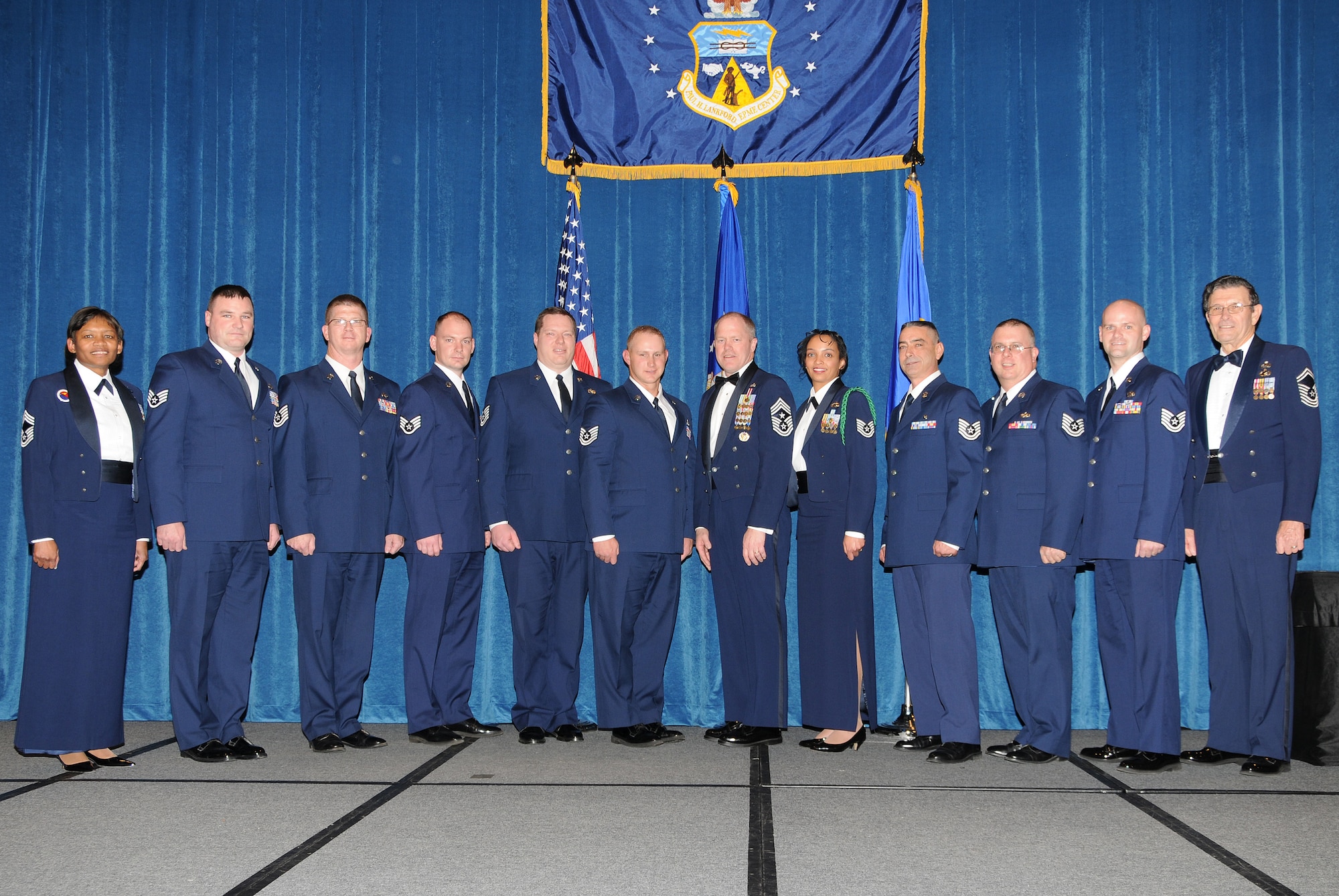 McGHEE TYSON AIR NATIONAL GUARD BASE, Tenn. -- Satellite NCO Academy Class 10-2, 134th ARW "Volunteers", gathers after receiving their graduation diplomas at the I.G. Brown Air National Guard Training and Education Center here, Dec. 15, 2009.  Pictured (L-R) are Chief Master Sgt. Deborah F. Davidson, commandant; Staff Sgt. Christopher L. Berney; Tech. Sgt. Doyle E. Casteel, Jr.; Staff Sgt. Christopher A. Harris; Tech. Sgt. David R. Hatcher; Tech. Sgt. Christopher B. Hope; Chief Master Sgt. Christopher Muncy, ANG Command Chief Master Sgt.; Tech. Sgt. Venus D. Julien; Tech. Sgt. Aaron N. Link; Tech. Sgt. Monti S. Martin; Tech. Sgt. Michael K. O'Neal; and retired Chief Master Sgt. Lynn E. Alexander, guest speaker.  (U.S. Air Force photo by Master Sgt. Kurt Skoglund/Released)