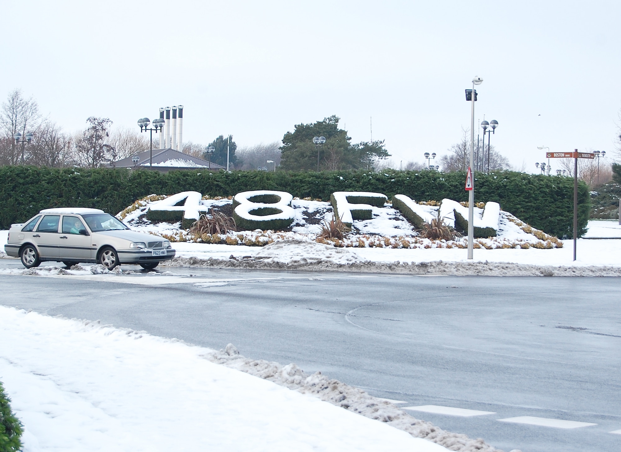 The 48th Fighter Wing was covered with snow and ice after a night of bad winter weather at RAF Lakenheath, England, Dec. 22. With road conditions being poor the base was shut down for the day. (U.S. Air Force photo by Tim Barlow)