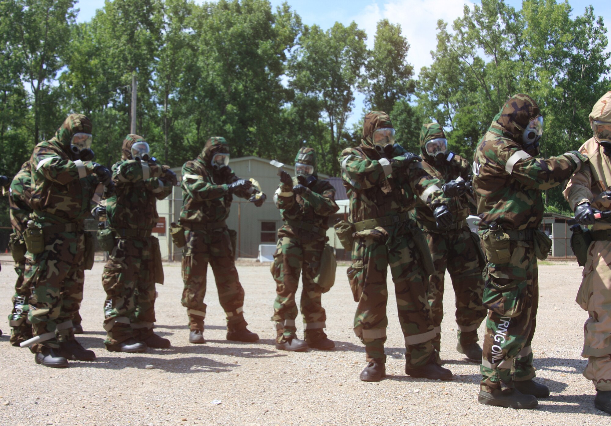 WRIGHT-PATTERSON AIR FORCE BASE, Ohio – Reservists from the 445th Airlift Wing prepare for a training scenario to practice what they reviewed in their Airman’s Manual for the different mission oriented protective postures (MOPP) levels during chemical, biological, radiological, nuclear and high-yield explosive objectives (CBRNE) training.  The training was held during a recent unit training assembly.  Reservists from the wing are required to attend CBRNE training every 20 months. (U.S. Air Force photo/Senior Airman Mikhail Berlin)
