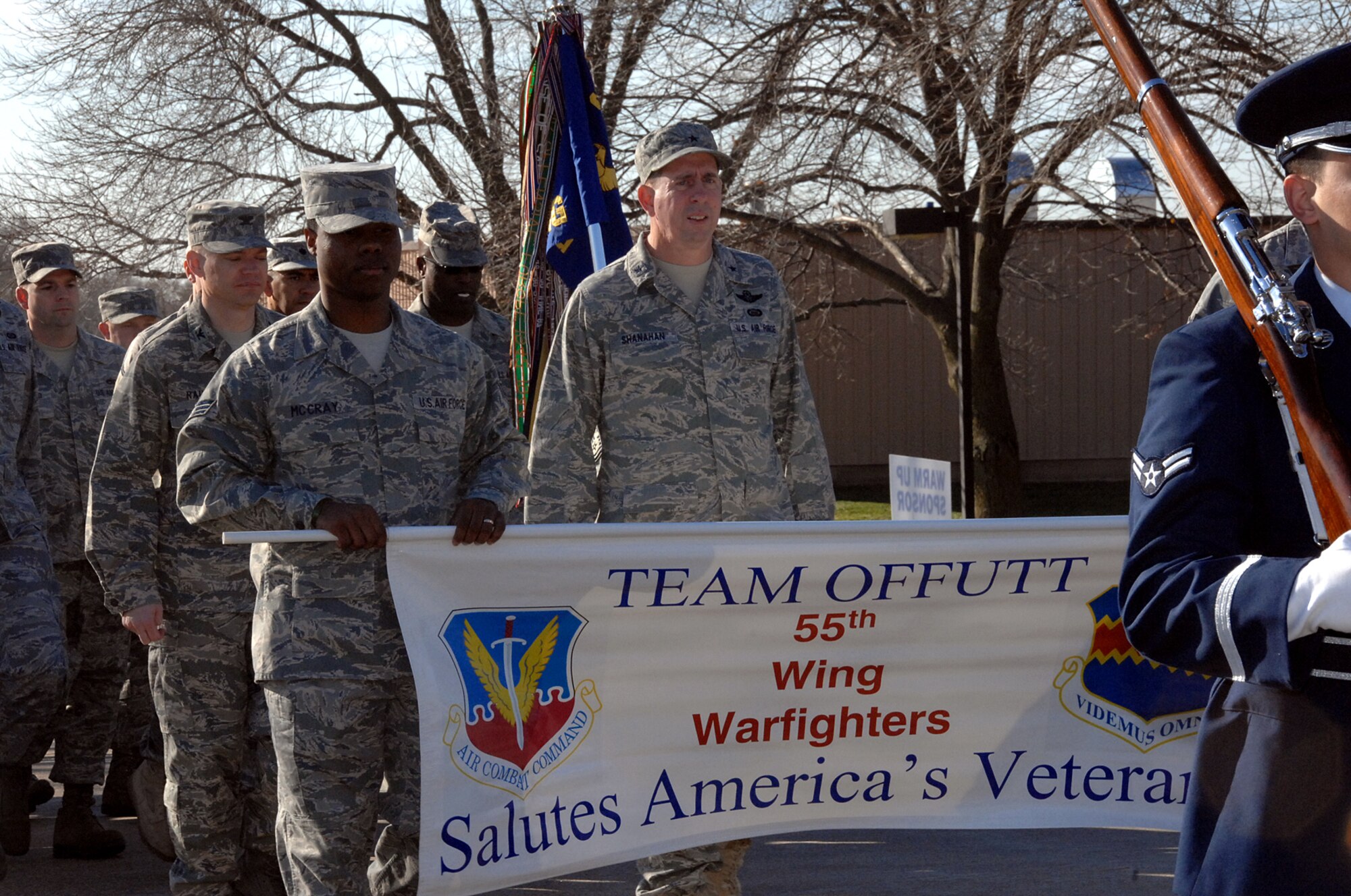 OFFUTT AIR FORCE BASE, Neb. - Brig. Gen. John N.T. Shanahan, 55th Wing commander, leads Offutt Airmen in the Veteran?s Parade Nov. 7. Offutt units annually lead the parade in downtown Bellevue, contributing more than 8 formations to the festivities. U.S. Air Force photo by Kendra Williams
