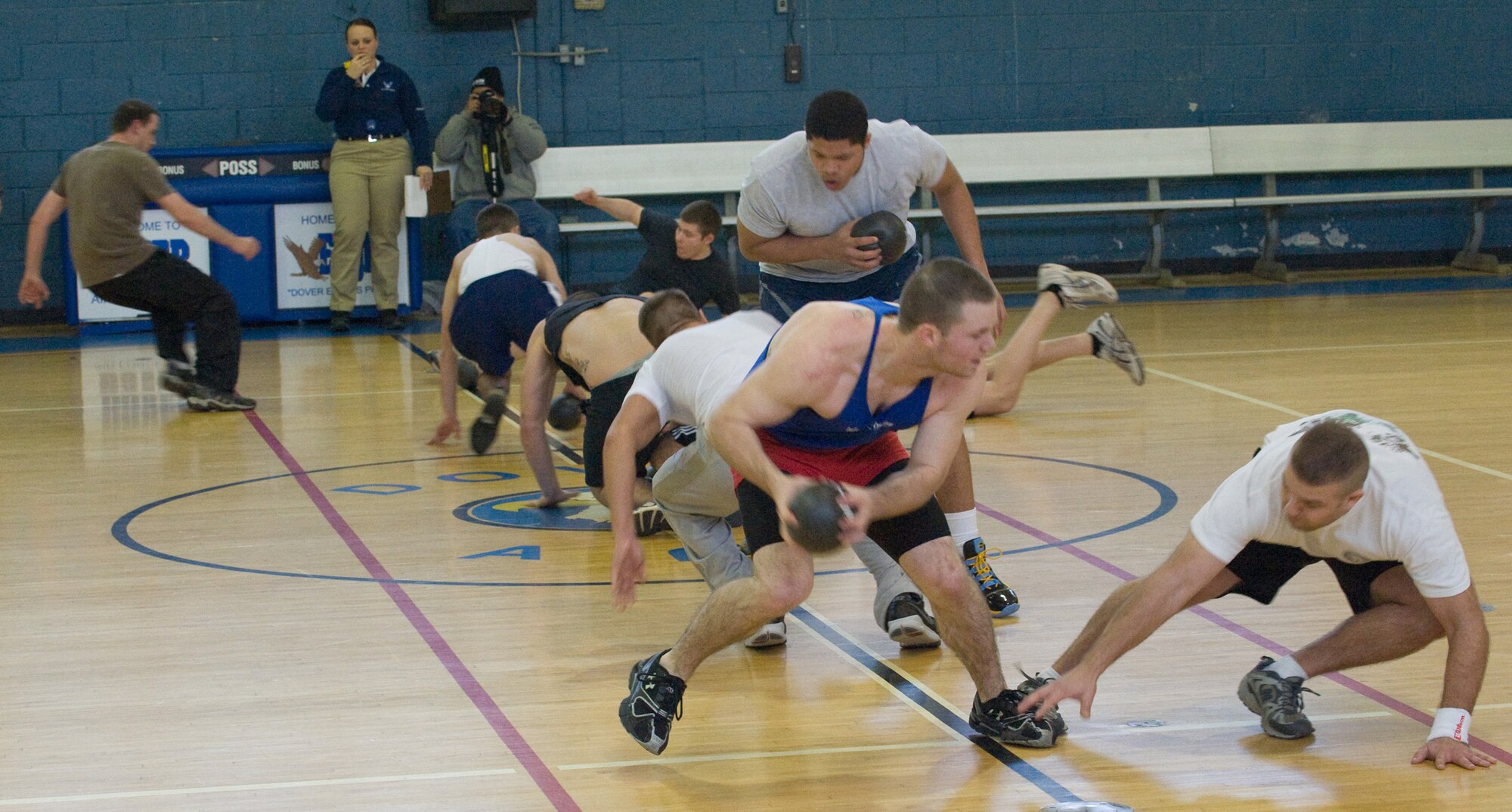 Dover Airmen participate in the Holiday Dodgeball Tournament Dec. 18 at the Fitness Center. (U.S. Air Force photo/ Brianne Zimny)
