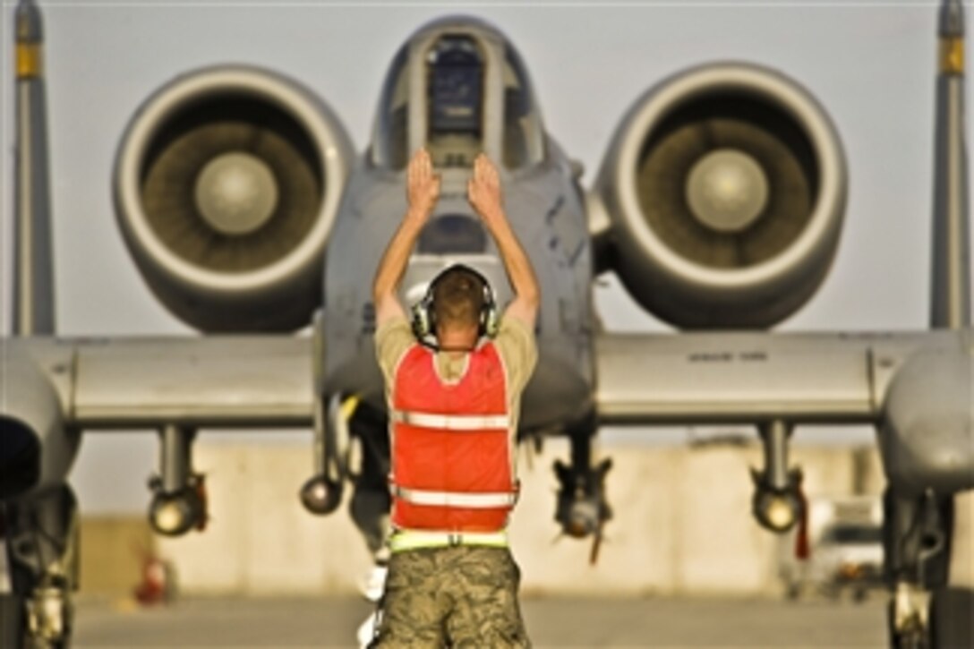A U.S. Air Force A-10C Thunderbolt II aircraft from the 354th Expeditionary Fighter Squadron prepares to depart Kandahar Airfield, Afghanistan, on Dec. 27, 2009.  