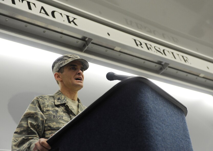 MOODY AIR FORCE BASE, Ga.  -- Col. Mark Ruse, 23rd Mission Support Group commander, speaks to attendees at the 23rd MSG assumption of command ceremony here Dec. 18. (U.S. Air Force photo by Airman 1st Class Benjamin Wiseman)