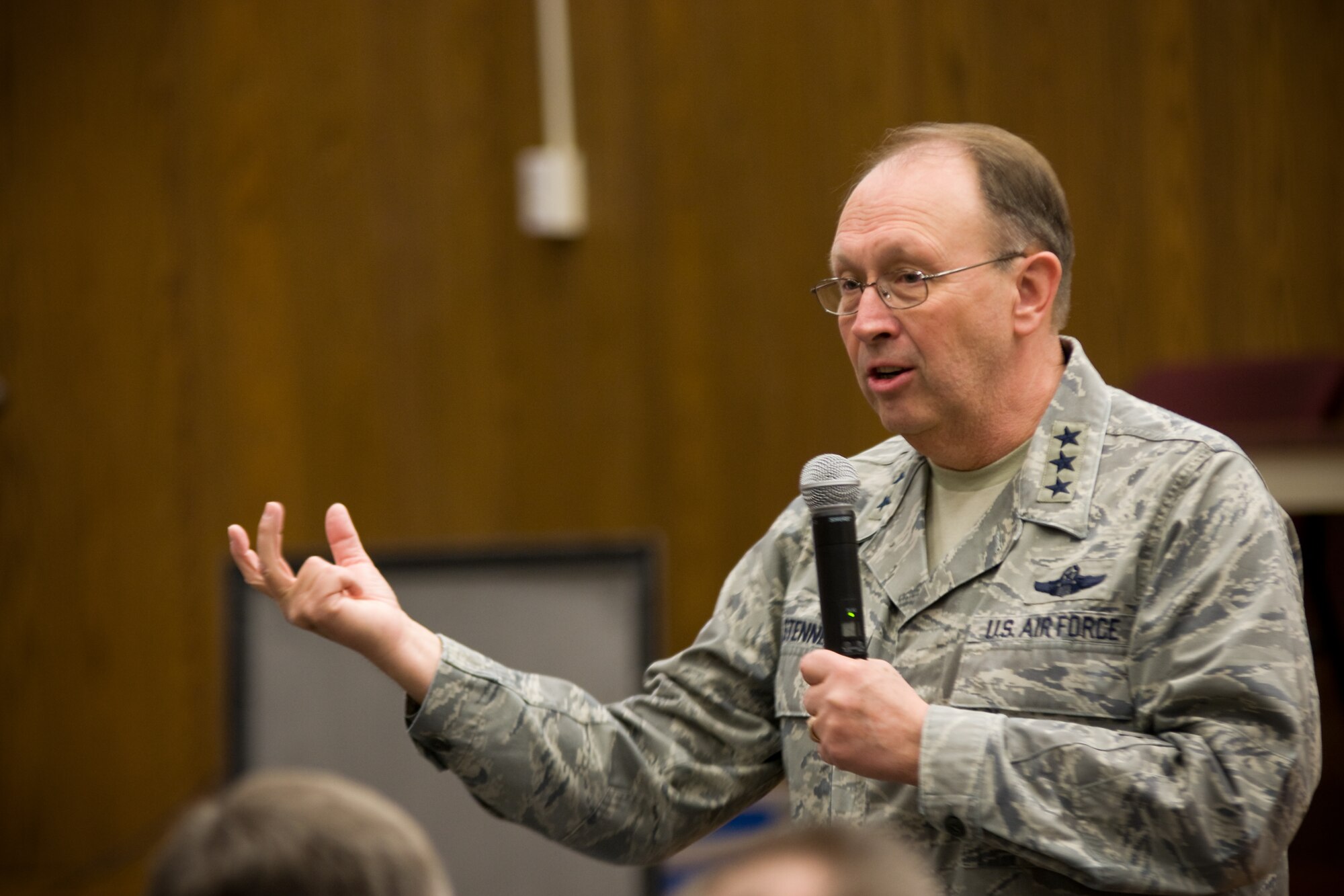 Lt. Gen. Charles E. Stenner Jr., commander of Air Force Reserve Command visited the 459th Air Refueling Wing Dec. 5 for a town hall meeting during the monthly drill.  General Stenner discussed the need for every Airman to engage in personal and professional development and to have a development plan that includes having and listening to a mentor. (U.S. Air Force photo/Capt. Nicholas Strocchia).