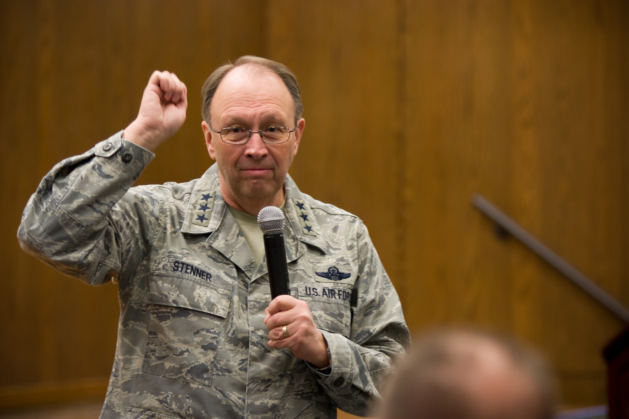 Lt. Gen. Charles E. Stenner Jr., commander of Air Force Reserve Command visited the 459th Air Refueling Wing Dec. 5 for a town hall meeting during the monthly drill.  General Stenner discussed the issues he addresses in his dual-hat position as both U.S. Air Force Reserve commander and Chief of Air Reserve by acting out putting on the two hats and the conflict between these unique interests over resources and constraints. (U.S. Air Force photo/Capt. Nicholas Strocchia).