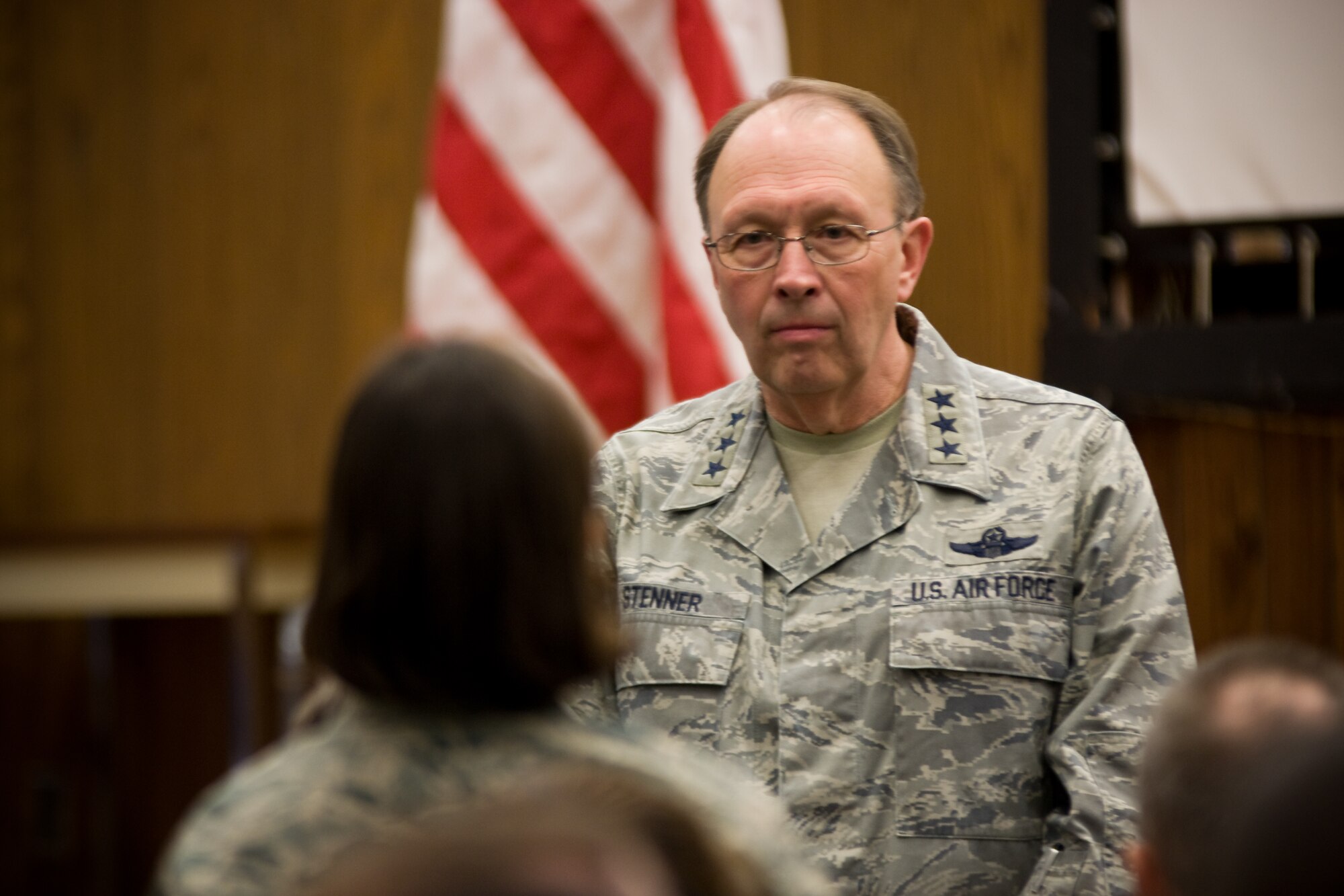 Lt. Gen. Charles E. Stenner Jr., commander of Air Force Reserve Command visited the 459th Air Refueling Wing Dec. 5 for a town hall meeting during the monthly drill.  General Stenner remarked that the tanker mission is an enduring mission with nothing but foreseeable growth. (U.S. Air Force photo/Capt. Nicholas Strocchia).