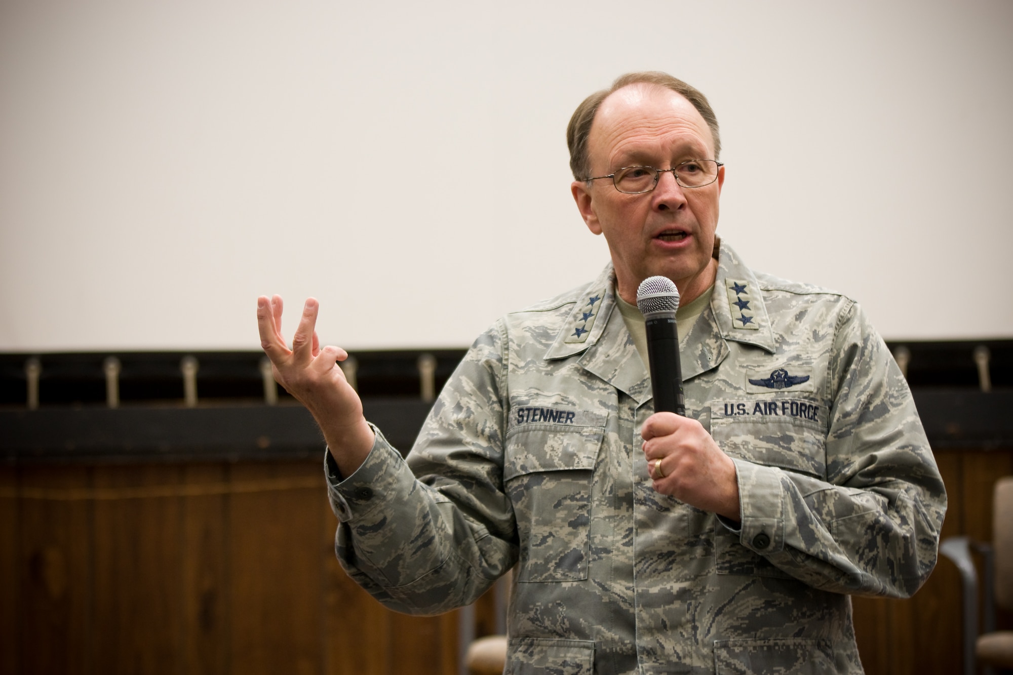 Lt. Gen. Charles E. Stenner Jr., commander of Air Force Reserve Command visited the 459th Air Refueling Wing Dec. 5 for a town hall meeting during the monthly drill where he outlined Air Force Reserve priorities, to include: the importance of the tanker mission, fleet modernization and professional development. (U.S. Air Force photo/Capt. Nicholas Strocchia).