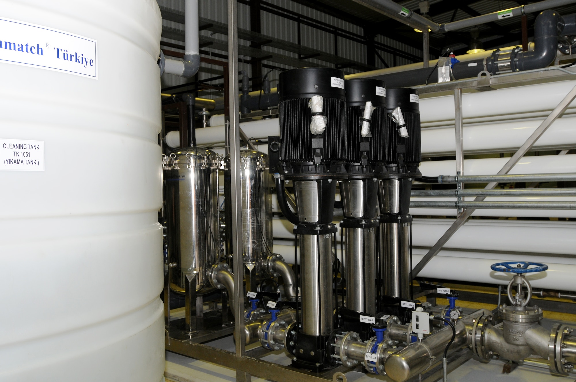 Incirlik’s new Reverse Osmosis system at the base water treatment plan officially activated Wednesday, Dec. 30, 2009 and will begin distributing “ultra pure” water base wide Jan. 4, 2010. The Reverse Osmosis system helps lower the levels of nitrates, calcium, minerals and other impurities in the water. (U.S. Air Force photo/Senior Airman Ashley Wood)