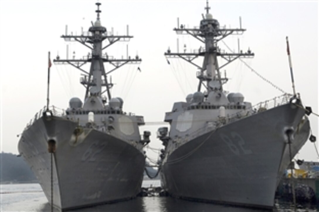 Guided-missile destroyers USS Fitzgerald and USS Lassen are moored at Fleet Activities Yokosuka, Japan, as crews from both ships enjoy a holiday stand-down, Dec. 28, 2009. Fitzgerald and Lassen are two of seven Arleigh Burke-class guided-missile destroyers assigned to Destroyer Squadron 15.