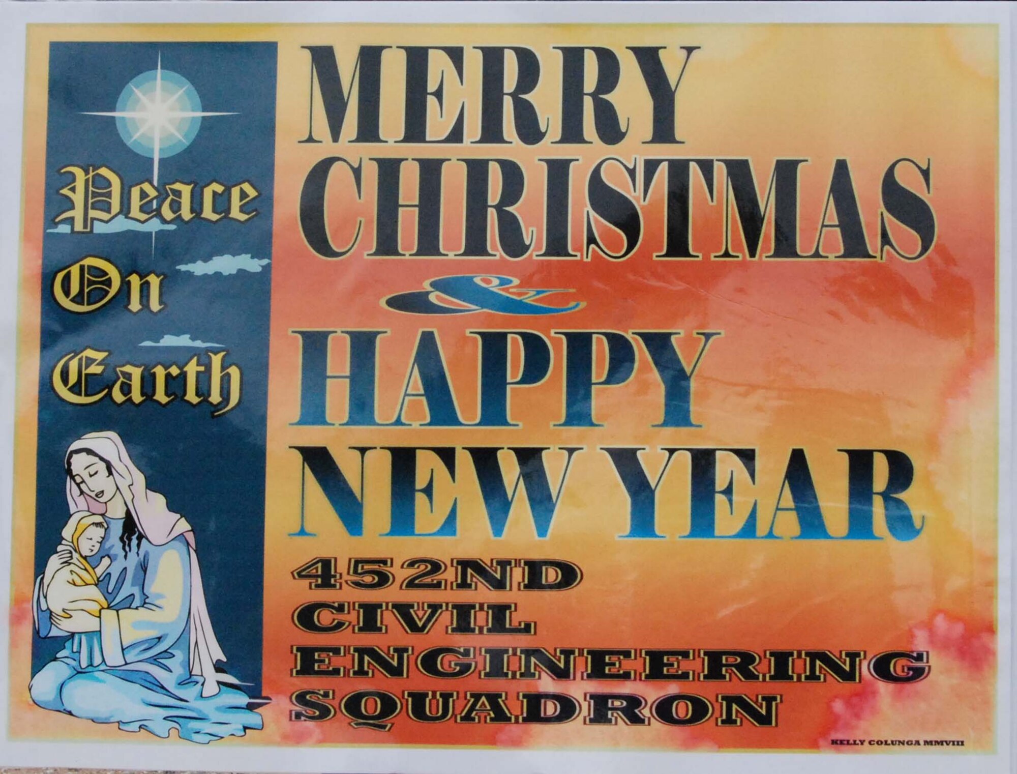 An oversize, handmade holiday greeting card lines greets Team March members as they enter and exit base Dec. 30, 2009.  Tech. Sgt. Neil Ballecer of the Blue Eagles Total Force Honor Guard at March Air Reserve Base, Calif., organized the display and more than 15 units from the base submitted cards.