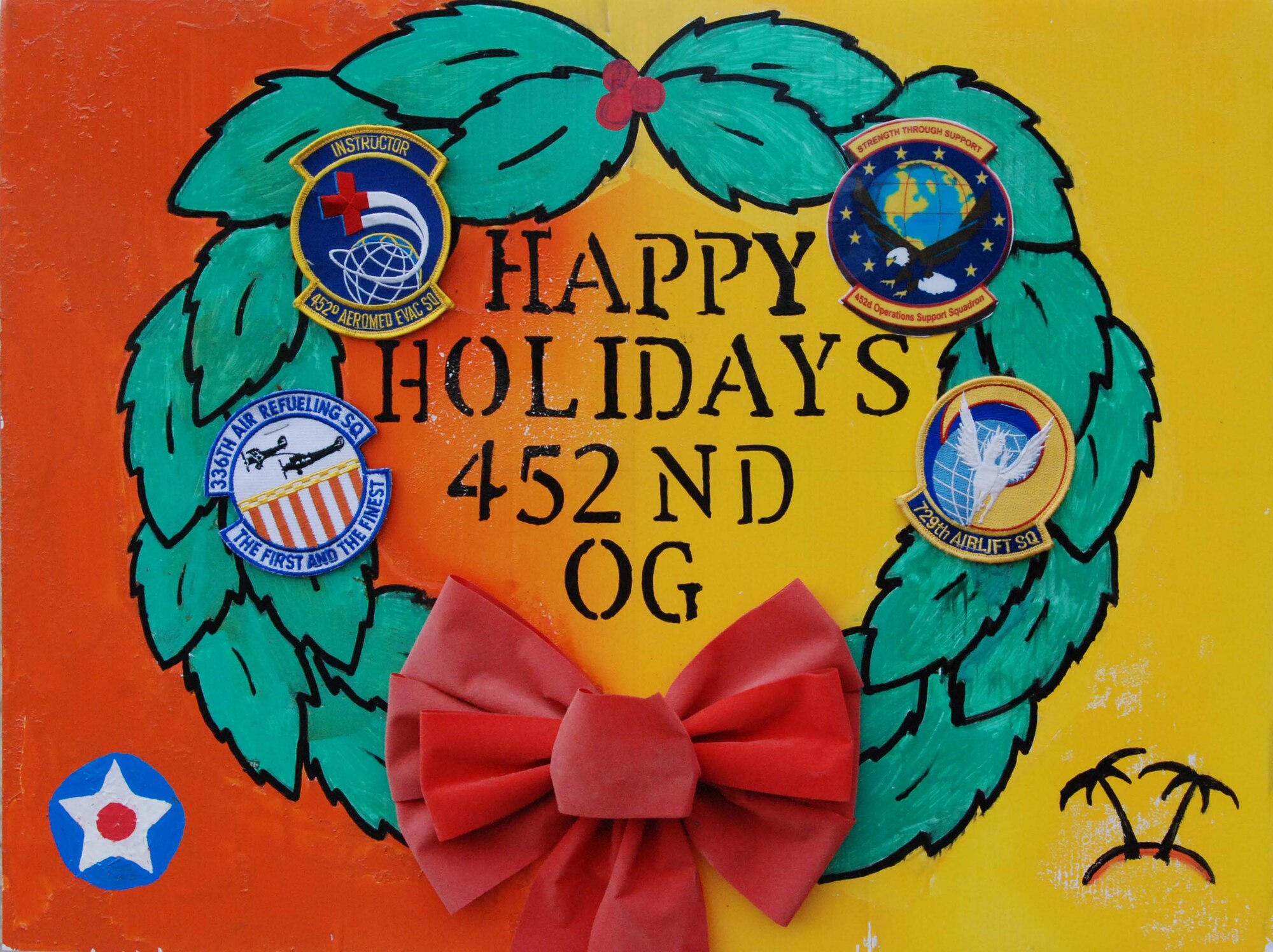 An oversize, handmade holiday greeting card lines greets Team March members as they enter and exit base Dec. 30, 2009.  Tech. Sgt. Neil Ballecer of the Blue Eagles Total Force Honor Guard at March Air Reserve Base, Calif., organized the display and more than 15 units from the base submitted cards.