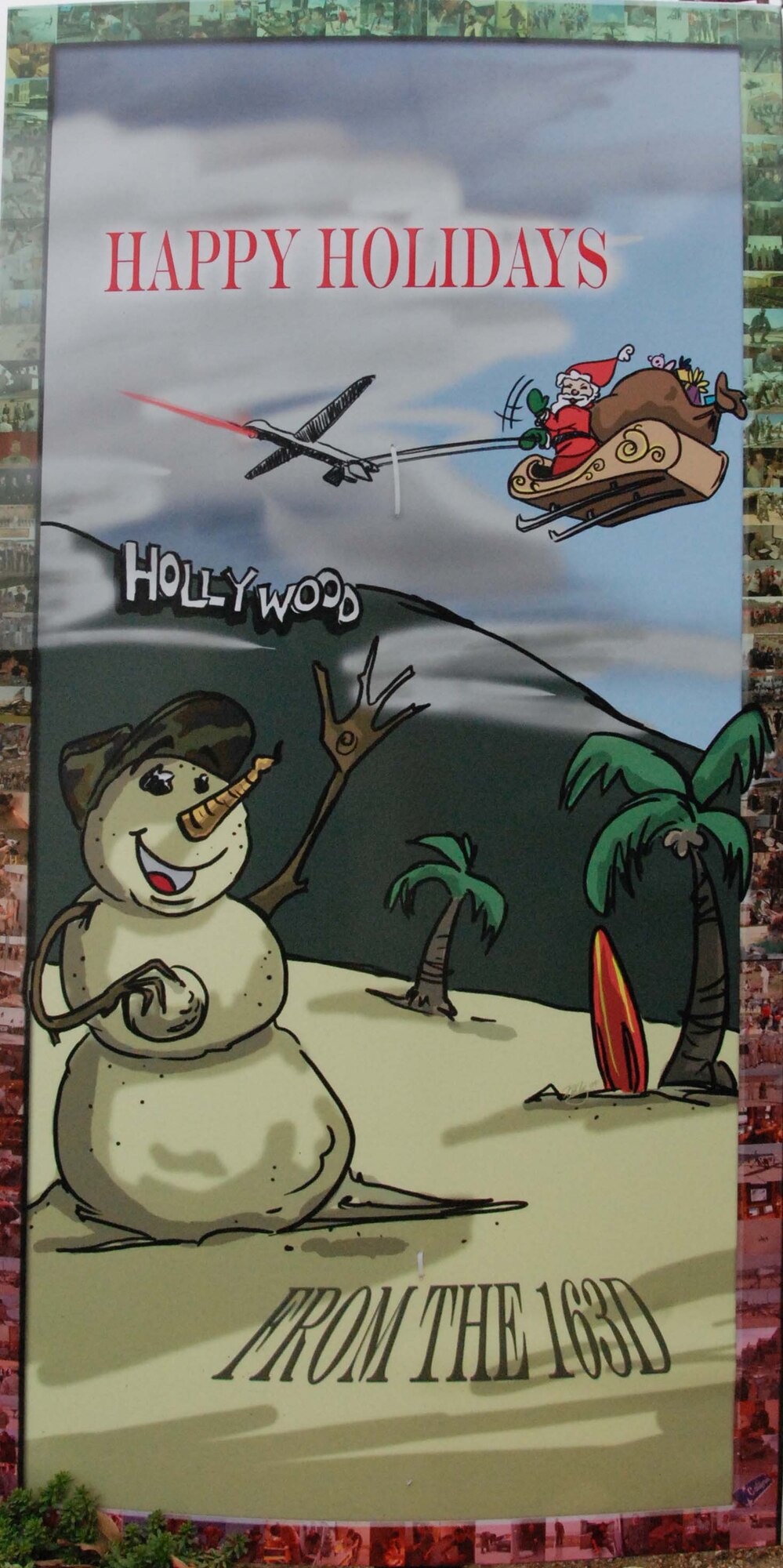 An oversize, handmade holiday greeting card lines greets Team March members as they enter and exit base Dec. 30, 2009.  Tech. Sgt. Neil Ballecer of the Blue Eagles Total Force Honor Guard at March Air Reserve Base, Calif., organized the display and more than 15 units from the base submitted cards.