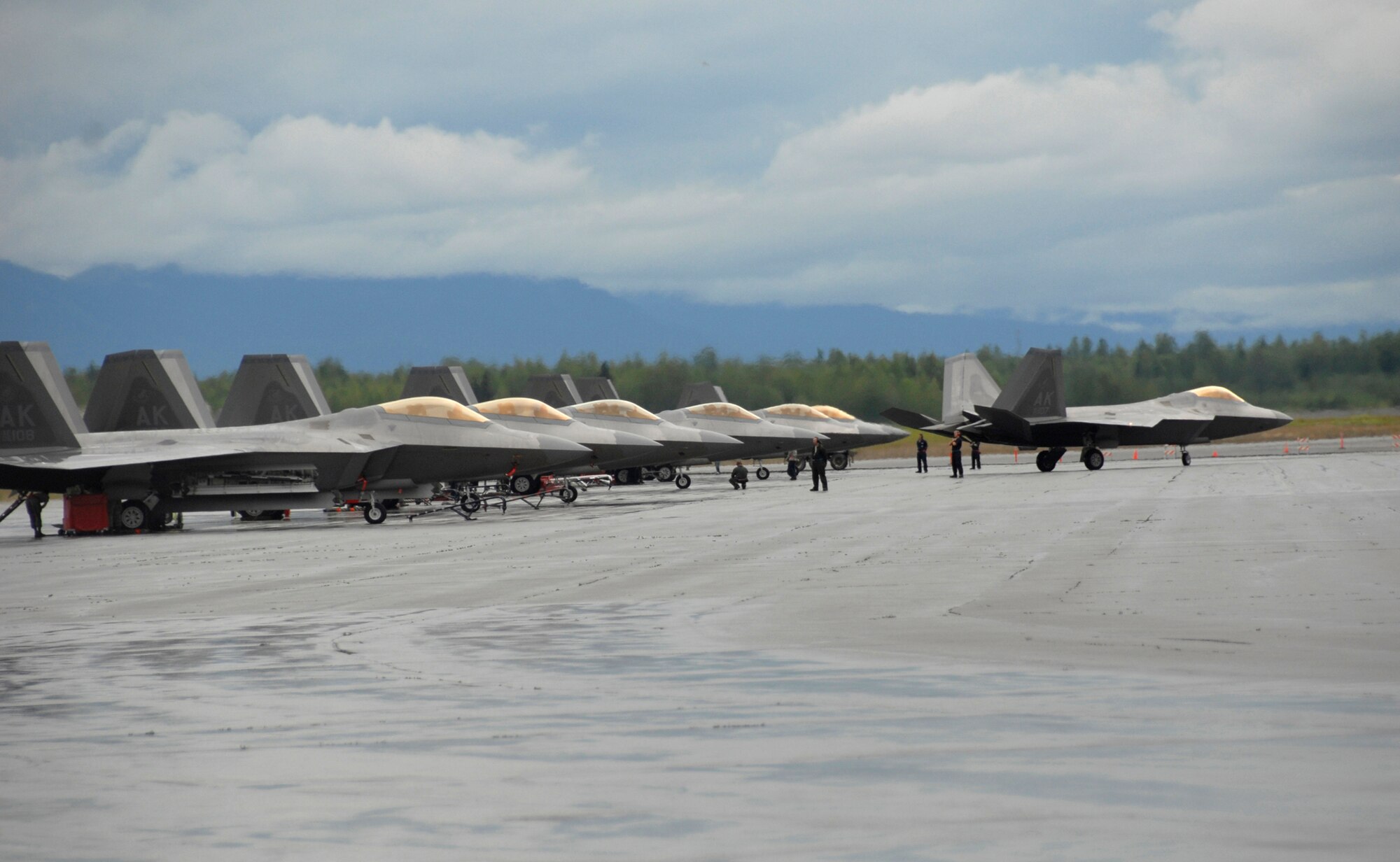 Fifteen F-22 Raptors from the 90th Fighter Squadron at Elmendorf Air Force Base, Alaska, are slated to deploy to Andersen AFB, Guam, in January.  The deployment supports U.S. Pacific Command's theater security packages in the Western Pacific.  (U.S. Air Force photo/Senior Airman Cynthia Spalding)
