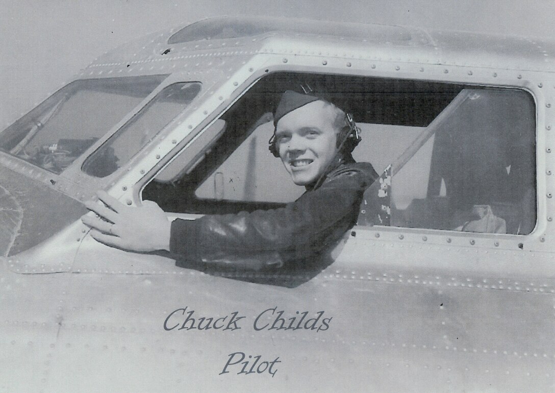 Chuck Childs at the helm of his B-17 in 1944.  Mr. Childs flew 37 bombing missions over Europe during the war and accolades for his aircrew included nine Air Medals, four Purple Hearts, three Distinguished Flying Crosses and one Silver Star. (photo courtesy of Mr. Charles Childs)