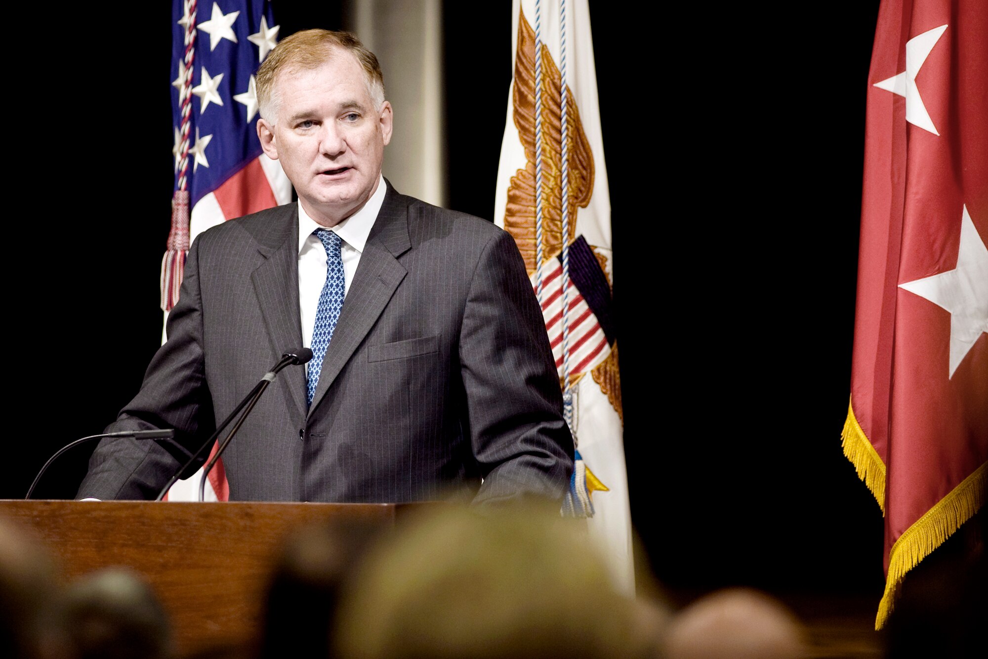 Deputy Secretary of Defense William J. Lynn III addresses the audience during the Joint Improvised Explosive Device Defeat Organization change-of-directorship ceremony at the Pentagon, Dec. 30, 2009. Mr. Lynn hosted the ceremony. (Defense Department photo/Cherie Cullen)