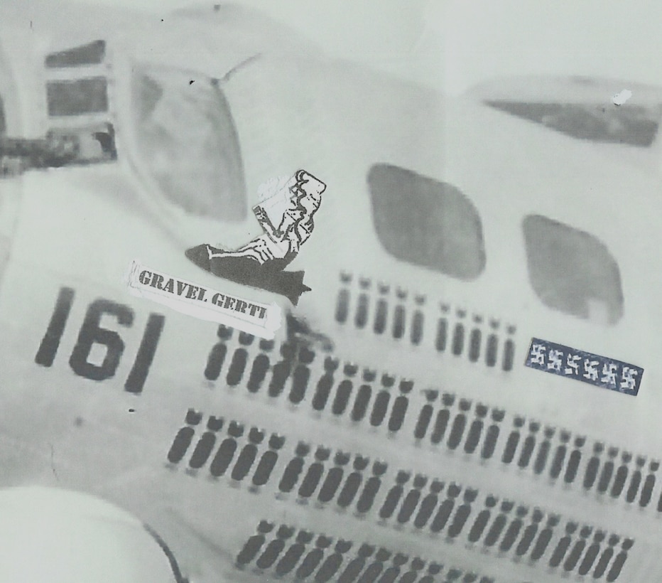 Nose art with Mr. Chuck Childs' B-17, named "Gravel Gertie."  Gravel Gertie was from a Dick Tracy comic strip and was purported to be the "homeliest and skinniest woman on earth," Mr. Childs said. Gravel Gertie was equipped with a radar and Mr Childs, a captain at the time, often flew in the lead position for the rest of the bomb group.  This was important because the rest of the formation keyed their bomb drop off the lead aircraft. (photo courtesy of Mr. Charles Childs)