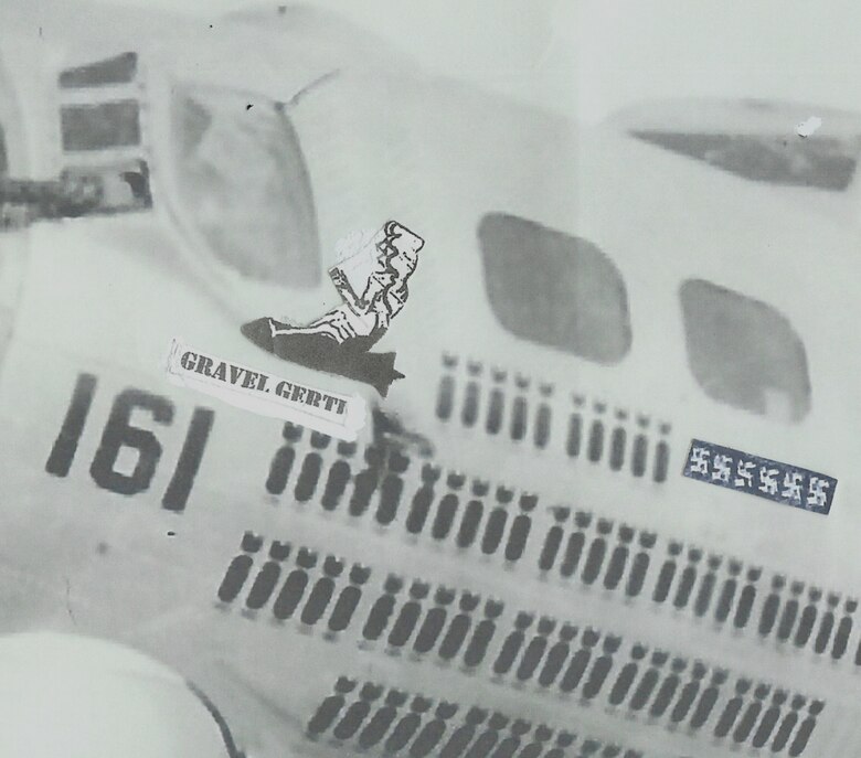 Nose art with Mr. Chuck Childs' B-17, named "Gravel Gertie."  Gravel Gertie was from a Dick Tracy comic strip and was purported to be the "homeliest and skinniest woman on earth," Mr. Childs said. Gravel Gertie was equipped with a radar and Mr Childs, a captain at the time, often flew in the lead position for the rest of the bomb group.  This was important because the rest of the formation keyed their bomb drop off the lead aircraft. (photo courtesy of Mr. Charles Childs)