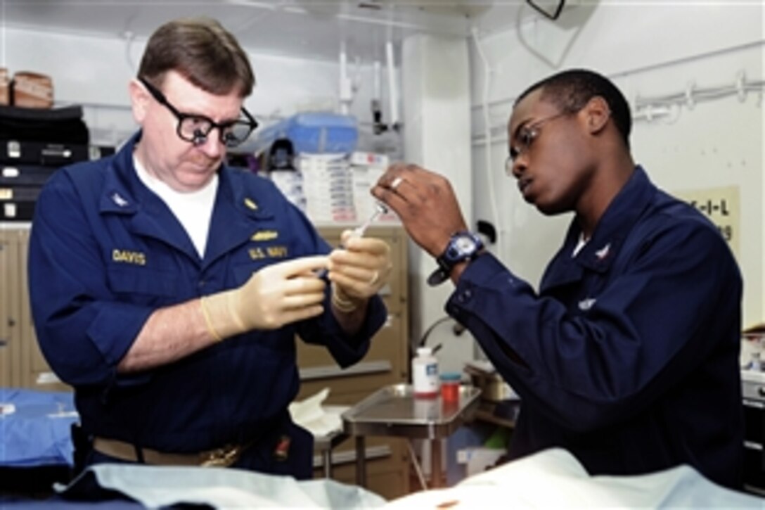 U.S. Navy Petty Officer 3rd Class Robert Davis, right, assists Capt. Thomas Davis, a ship's surgeon aboard USS Theodore Roosevelt, as he prepares an anesthetic for injection before performing surgery on a patient while under way in the Gulf of Oman, Jan. 29, 2009, . The Nimitz-class aircraft carrier and embarked Carrier Air Wing 8 are on deployment in the U.S. 5th Fleet area of responsibility.