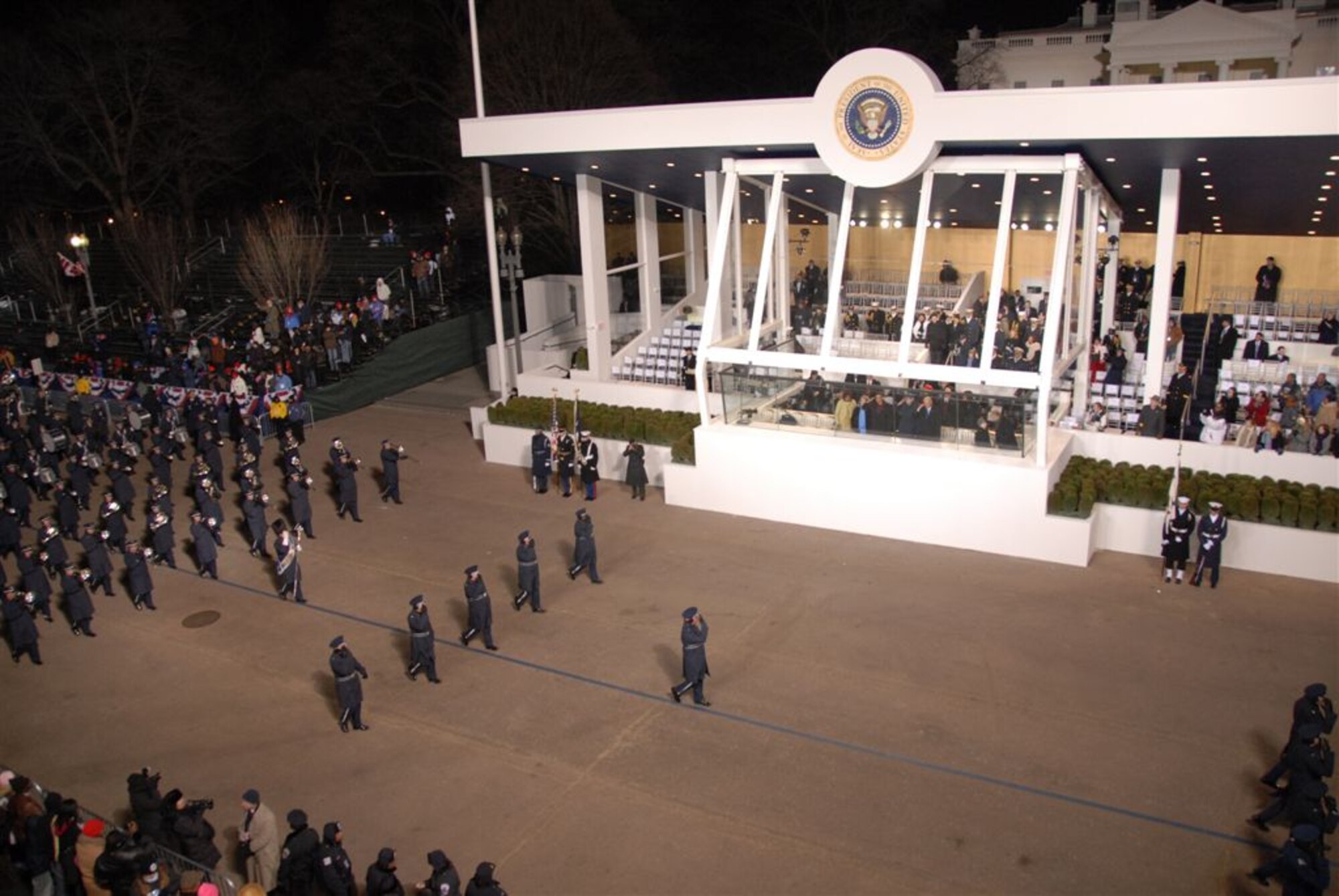 The U.S. Air Force Band performs while marching past the review stand for President Barack Obama's Inaugural Parade on January 20, 2009.