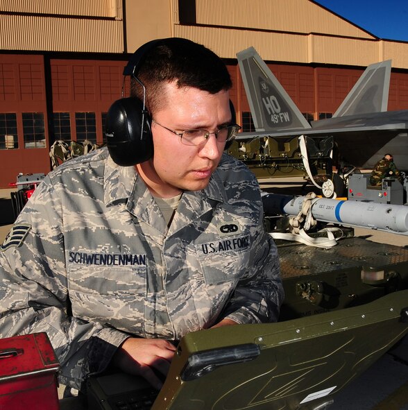 Staff Sgt. Brandon Schwendenman does a final assessment of the loading of an F-22A Raptor while competing in the Load Crew of the Year competition on Jan. 30 at Holloman Air Force Base, N.M. Sergeant Schwendenman works for the 49th Aircraft Maintenance Squadron as a 7th Weapons 1 Man Loadcrew Chief. (U.S. Air Force photo/Tech. Sgt. Chris Flahive)