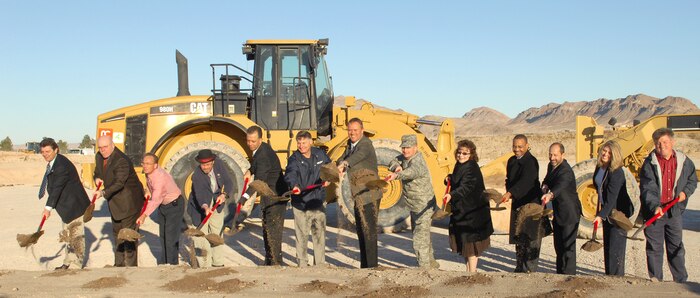 NELLIS AIR FORCE BASE, Nev. – Air Force and North Las Vegas leadership break ground for the new $257 million water reclamation facility. The construction of the facility will create approximately 500 jobs and be capable of treating 25 million gallons of waste-water per day. (U.S. Air Force photo bay Staff Sgt. Erin Worley)