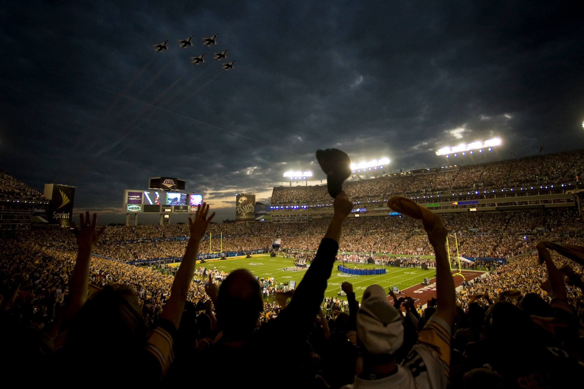 The U.S. Air Force Thunderbirds fly over Superbowl XLIII prior to kickoff in Tampa, Fla., Feb. 1.  (U.S. Air Force photo/Staff Sgt. Kristi Machado)