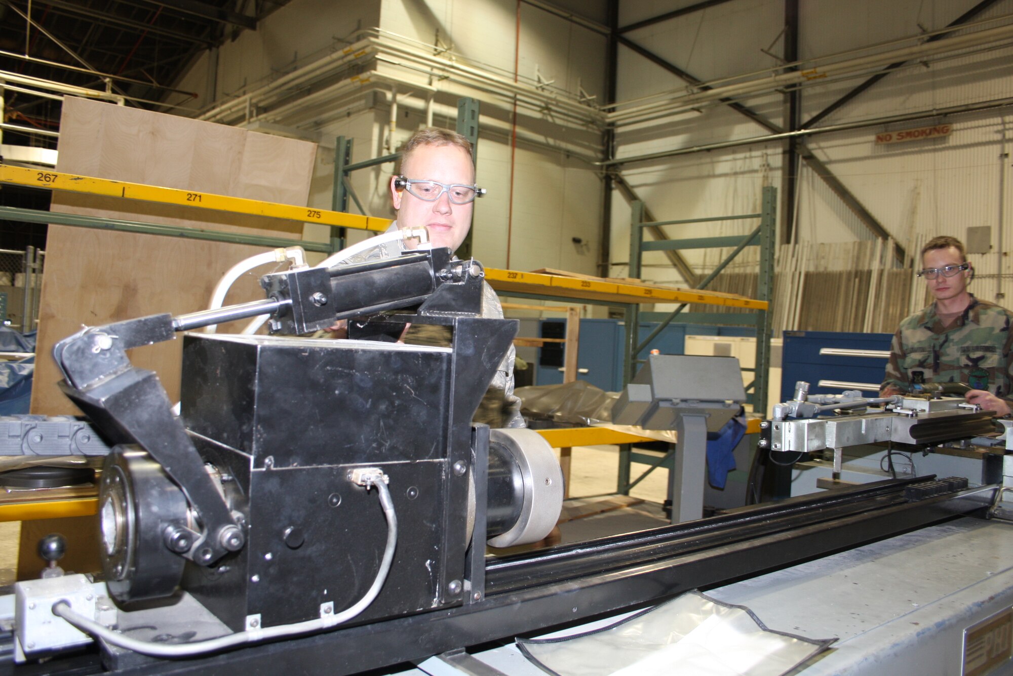 WRIGHT-PATTERSON AFB, Ohio - Master Sgt. Josef Taylor, 445th Maintenance Squadron, uses a hydraulic aircraft tubing repair machine. The machine bends tubing in many different ways. (Air Force photo/Senior Airman Ken LaRock)