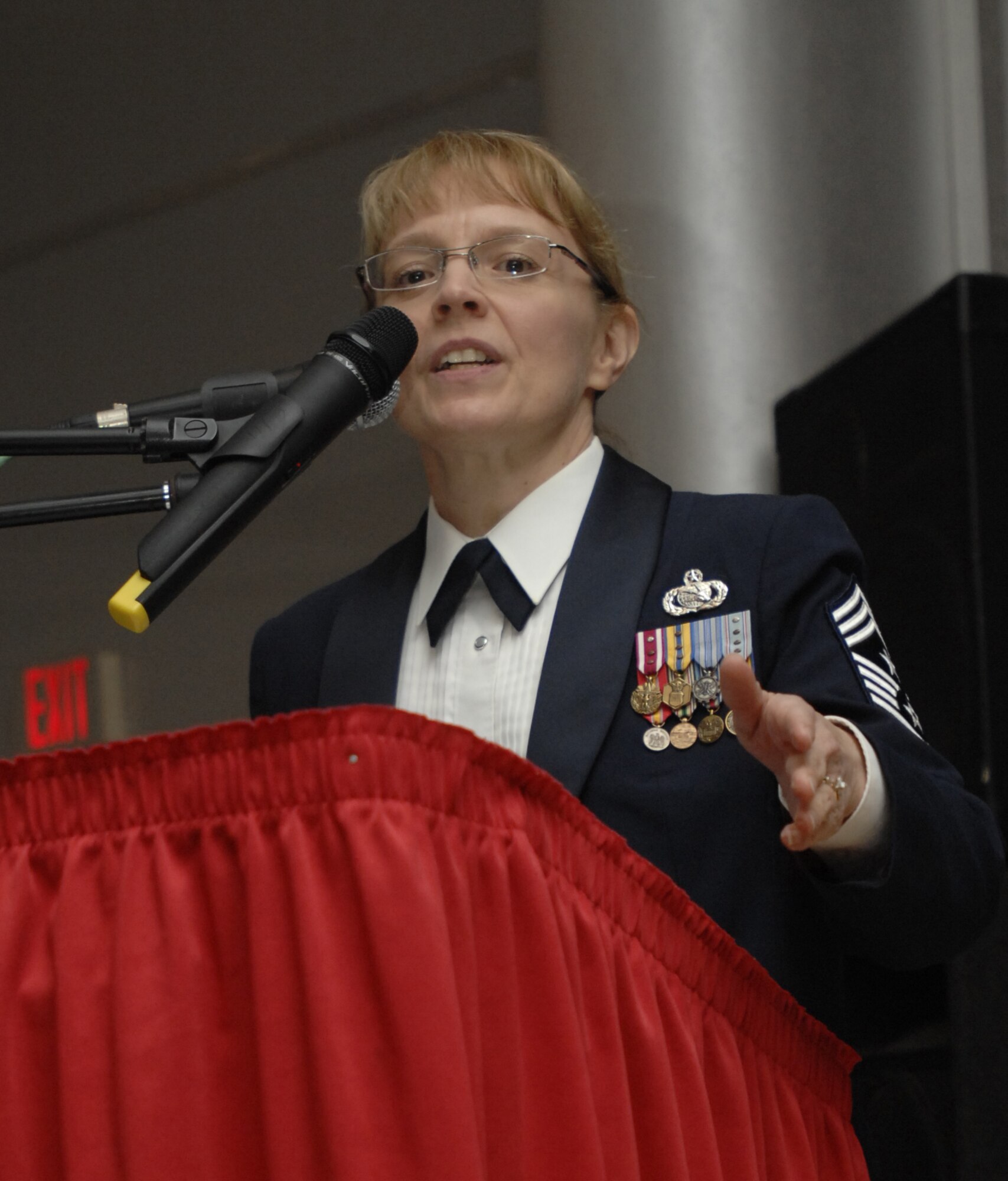 Chief Master Sgt. Pamela Derrow, United States Air Forces in Europe command chief master sgt., speaks to 39th Air Base Wing annual award nominees, friends and family members during the 39 ABW annual awards banquet, Jan. 30. The annual awards banquet is held to honor the members of the wing that stood-out above their peers during the 2008 calendar year. (U.S. Air Force photo/Senior Airman Benjamin Wilson)
