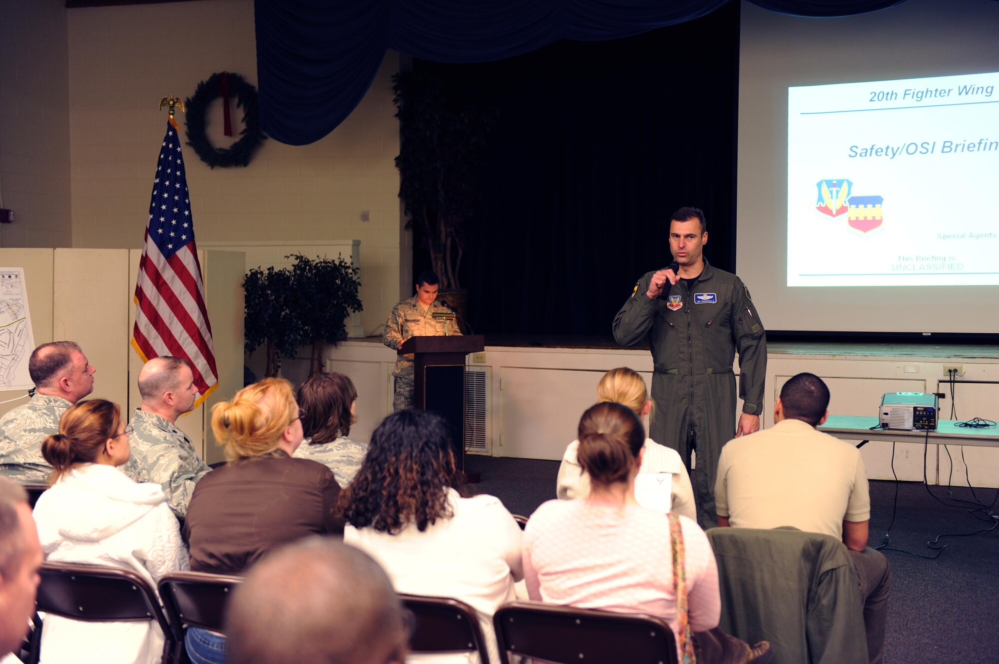 SHAW AIR FORCE BASE, S.C.-- Col. Joseph Guastella, 20th Fighter Wing commander, speaks to military families during a town hall meeting at the Community Center, Jan. 29. The town hall meeting is a gathering of Shaw members to learn and ask questions about upcoming events around the base.  (U.S. Air Force photo/Senior Airman William Coleman)