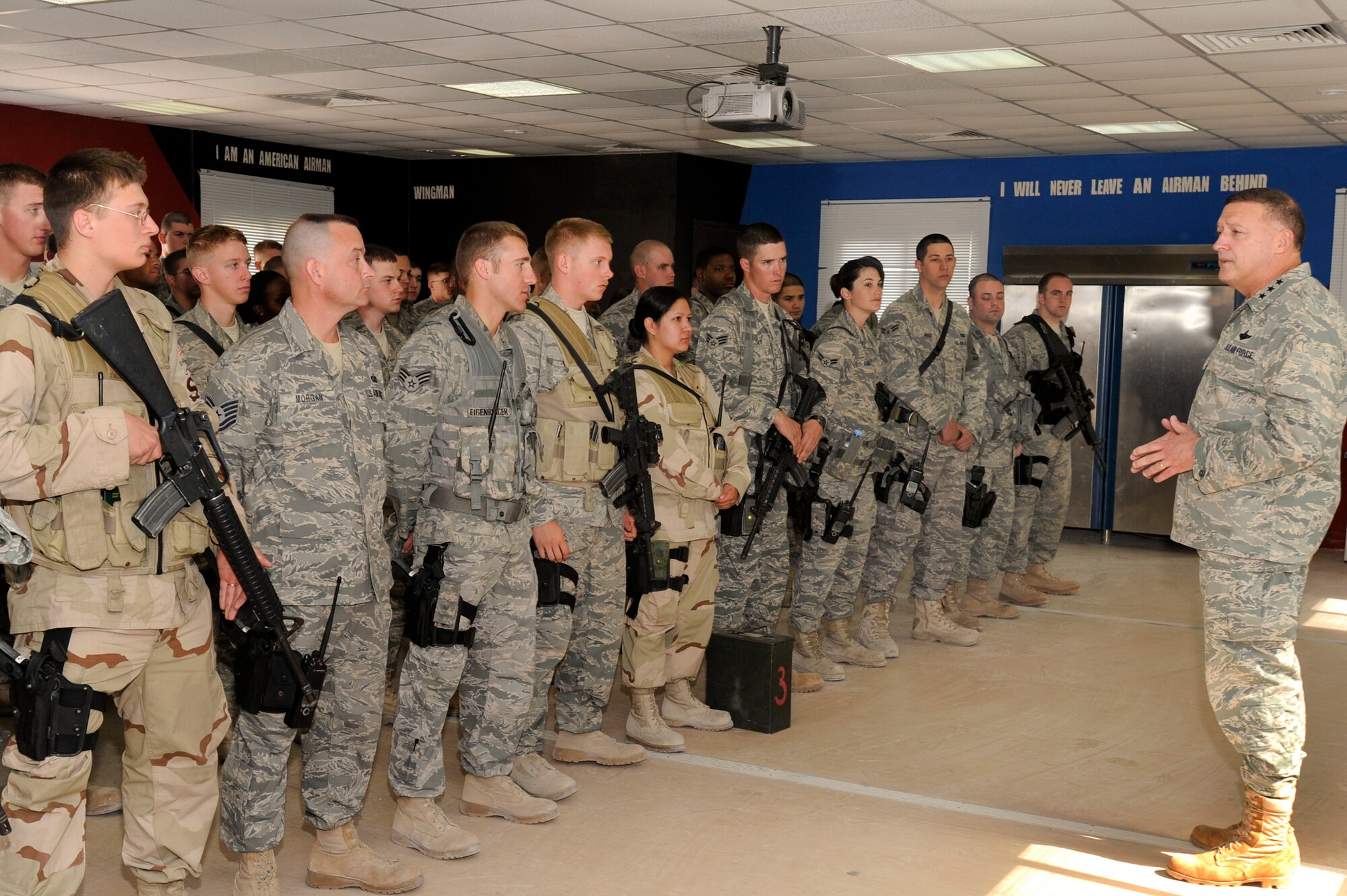 Lt. Gen. Gary North, Commander U.S. Air Forces Central, meets with members of the 379th Expeditionary Security Forces Squadron, Jan. 31, 2009, in an undisclosed location in Southwest Asia.  General North visited various units to meet with Airmen and see the mission first hand.  General North is based at Shaw Air Force Base, S.C. in support of Operations Iraqi and Enduring Freedom and Combined Joint Task Force - Horn of Africa.  (U.S. Air Force Photo by Staff Sgt. Joshua Garcia/released)