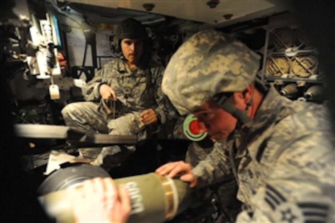 U.S. Air Force Senior Airman Joseph Perry (right), from an expeditionary civil engineer squadron, loads a 155-mm illumination round into an M109 Paladin Mechanized Howitzer at Forward Operating Base Hunter, Iraq, on Jan. 27, 2009.  Perry is cross-training with soldiers from Bravo Battery, 5th Battalion, 82nd Field Artillery Regiment, attached to 1st Squadron, 9th Cavalry Regiment, 4th Brigade Combat Team, 1st Cavalry Division.  