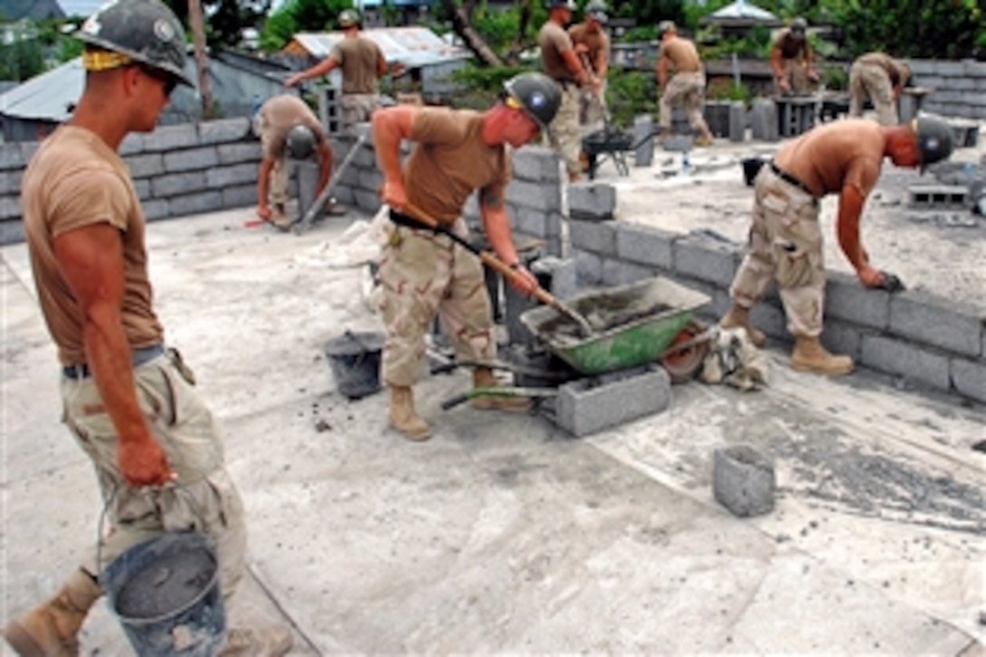 U.S. Navy Seabees assigned to Combined Joint Task Force - Horn of Africa continue to build a six-classroom schoolhouse in Moroni as part of a humanitarian civic assistance project, Jan. 23, 2009. Built entirely of cinder block and hand-mixed concrete, the school will accommodate approximately 250 students.