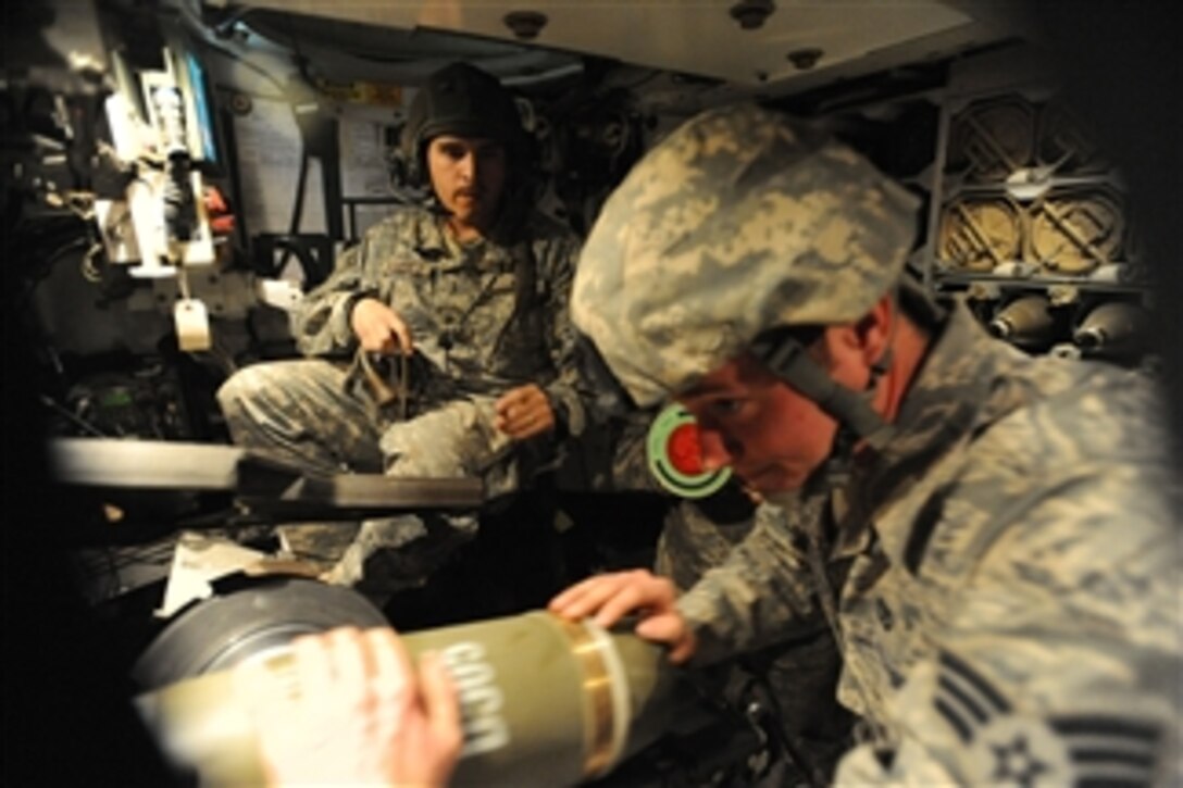 U.S. Air Force Senior Airman Joseph Perry (right), from an expeditionary civil engineer squadron, loads a 155-mm illumination round into an M109 Paladin Mechanized Howitzer at Forward Operating Base Hunter, Iraq, on Jan. 27, 2009.  Perry is cross-training with soldiers from Bravo Battery, 5th Battalion, 82nd Field Artillery Regiment, attached to 1st Squadron, 9th Cavalry Regiment, 4th Brigade Combat Team, 1st Cavalry Division.  