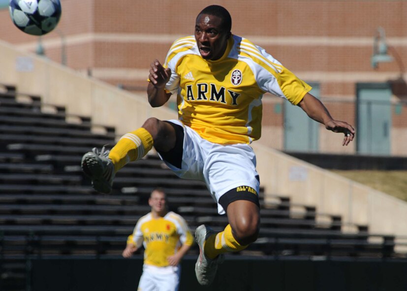 DYESS AIR FORCE BASE, Texas-- Army Staff Sgt. Titus Kumau plays during the U.S. Men's Armed Forces Soccer Tournament at Shotwell Stadium, Feb. 2. The Army defeated the Air Force 1-0. (U.S. Air Force photo by Airman 1st Class Stephen Reyes)