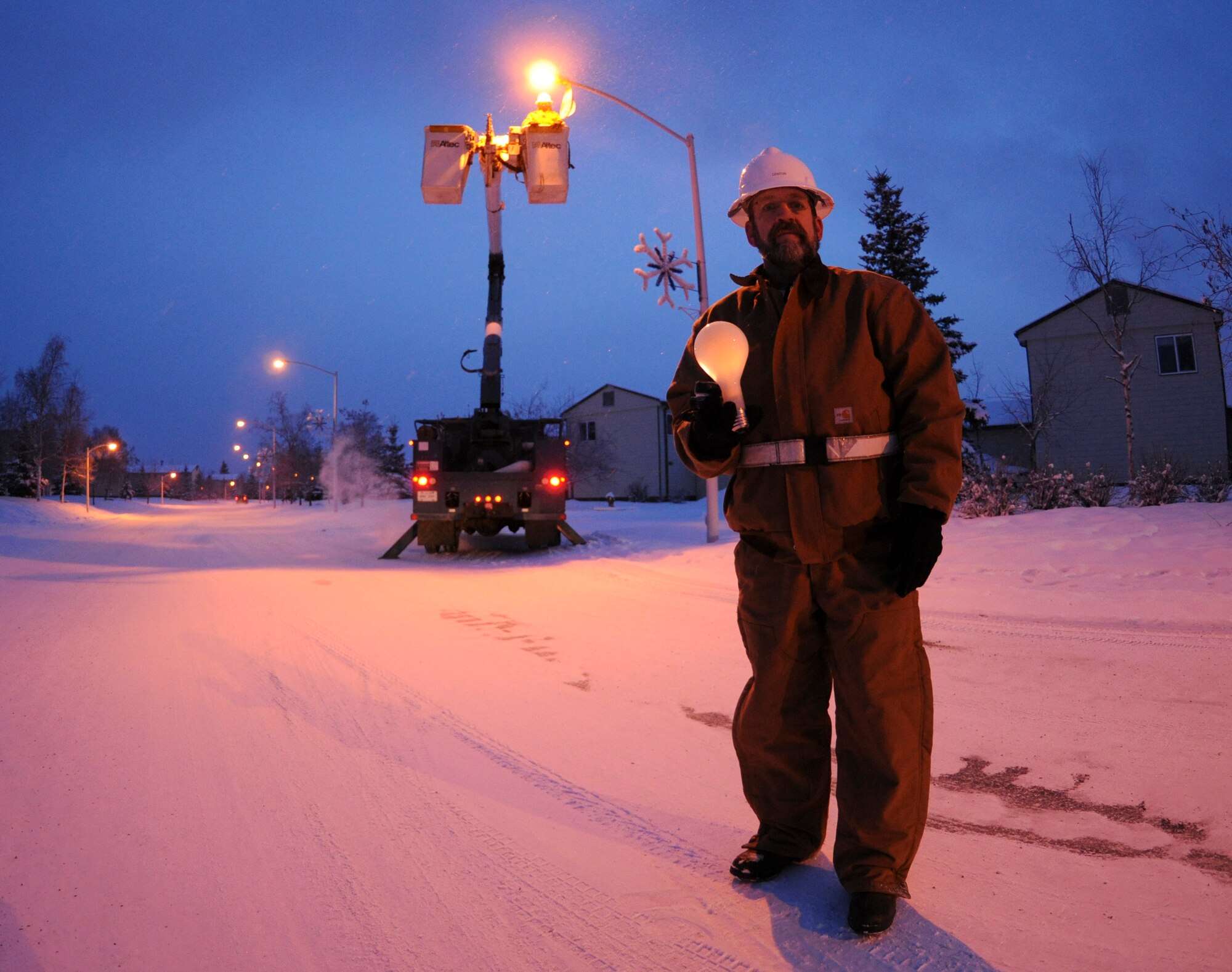Mr. Jimmie Denton, a high voltage supervisor poses for his environmental photograph on Feb. 2, 2009 at Eielson Air Force Base, Alaska.  Mr. Denton is Eielson Air Force Base civilian supervisor Annual Award Winner for the Mission Support Group.  (U.S. Air Force photo/Airman 1st Class Laura Max)