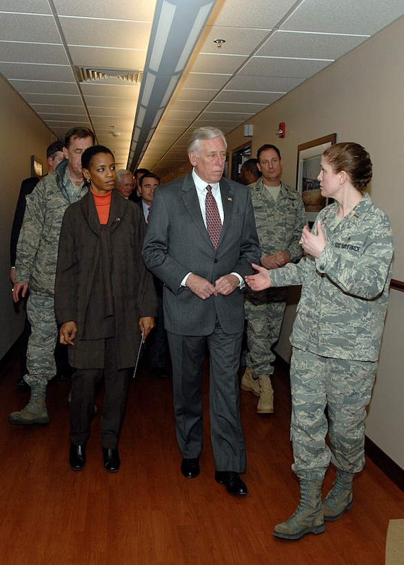 Second Lieutenant Katrina Crowell explains the Aeromedical Staging Facilities mission to Congresswoman Donna F. Edwards, of the 4th district of Maryland, and Representative Steny H. Hoyer, 5th district of Maryland, on January 30, 2009. Second Lieutenant Crowell took the congressmen on a tour of the ASF to show them all the advances in medicine that have been made to help patients get better. (US Air Force/A1C Melissa V. Rodrigues)