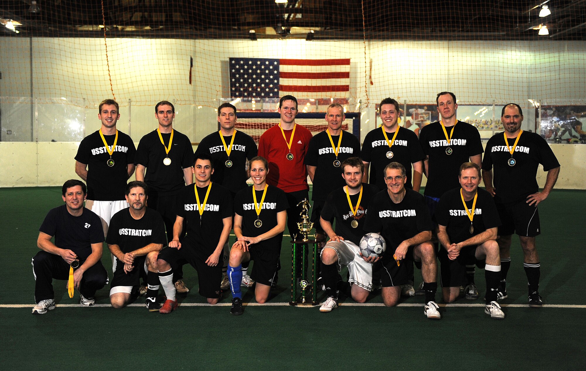 OFFUTT AIR FORCE BASE, Neb. --  The U.S. Strategic Command team poses in front of the first place trophy for the 2009 intramural soccer league. STRATCOM defeated the 55th Communication Group 4-1, in the championship game held at the Offutt Field House, Feb. 2.

U.S. Air Force Photo by Josh Plueger