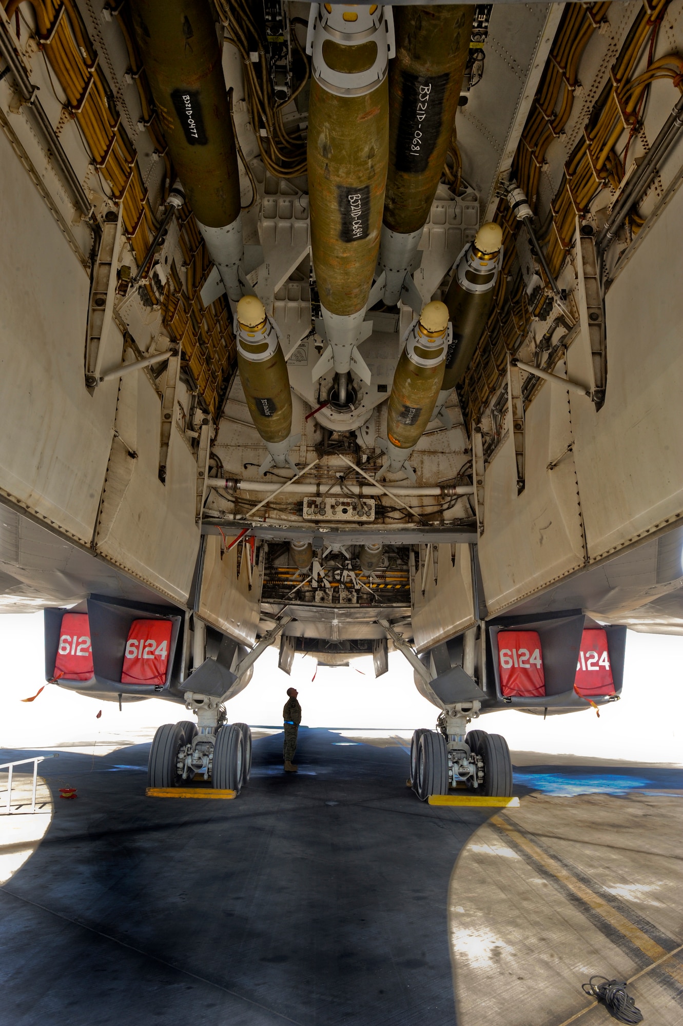 The bomb bay of a B-1B Lancer is loaded and ready for another mission Jan. 29 at an air base in Southwest Asia. The B-1B is deployed from Dyess Air Force Base, Texas, in support of operations Iraqi Freedom and Enduring Freedom and Combined Joint Task Force-Horn of Africa. (U.S. Air Force photo/Staff Sgt. Joshua Garcia) 
