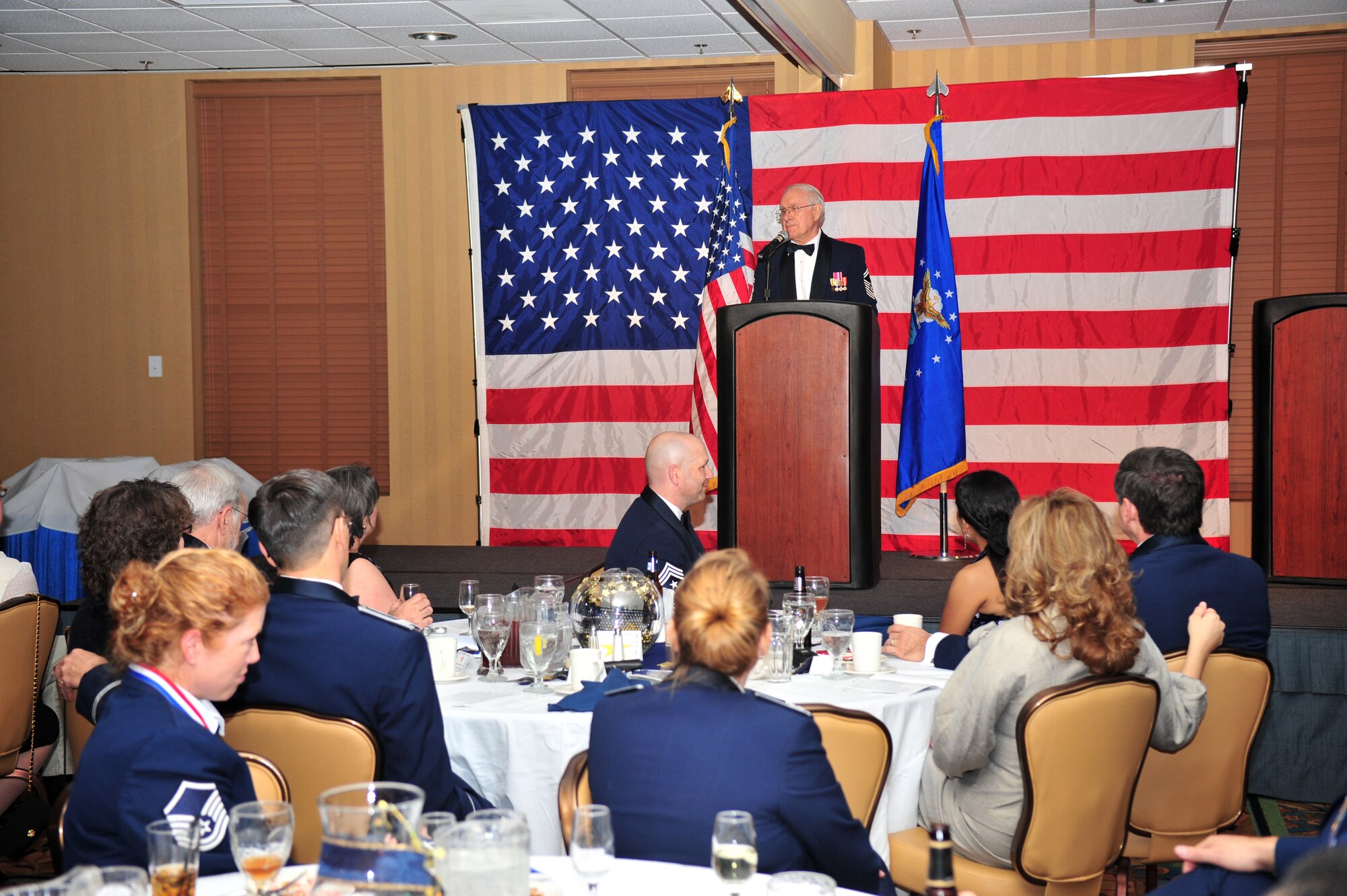 Retired Chief Master Sgt. of the Air Force (No. 8) Sam Parish speaks at the 355th Fighter Wing/Desert Lightning Team Annual Awards Banquet here Jan. 31. (U.S. Air Force photo/Senior Airman Noah R. Johnson)