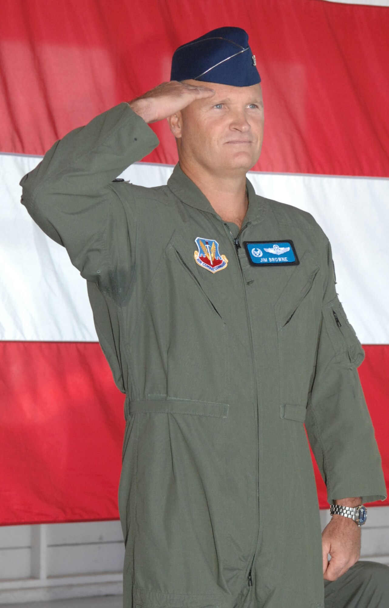 MOUNTAIN HOME AIR FORCE BASE, Idaho – Col. James S. Browne makes his first salute to the Gunfighters during the 366th Fighter Wing change of command Sept. 7, 2007. Colonel Browne will make his final salute as Gunfighter 1 Feb. 11. (U.S. Air Force photo/ Airman 1st Class Dana Hill)