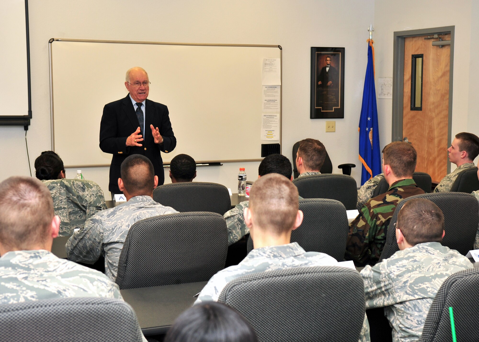 Retired Chief Master Sgt. of the Air Force (No. 8) Sam Parish speaks to the First Term Airmen Center class here Jan. 30. (U.S. Air Force photo/Senior Airman Noah R. Johnson)