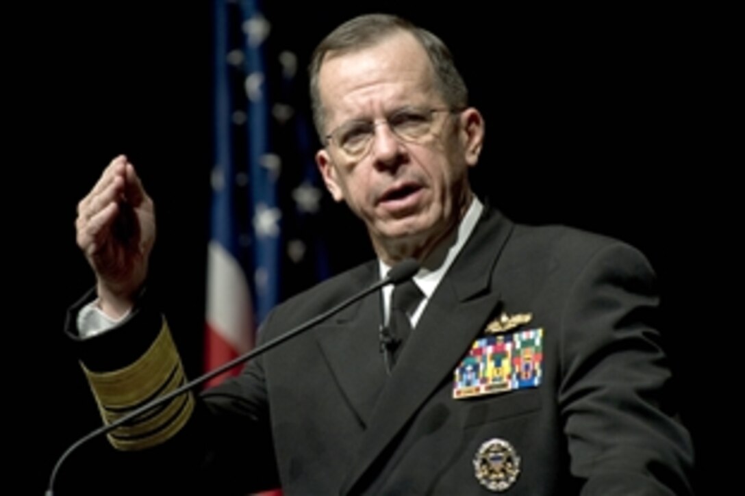 U.S. Navy Adm. Mike Mullen, chairman of the Joint Chiefs of Staff, delivers the Pew Memorial Lecture to students and faculty at Grove City College, Pa., Feb. 2, 2009. The Pew Memorial Lecture honors J. Howard Pew, the college's benefactor, and features  speakers who share Pew's love of faith and freedom. 
