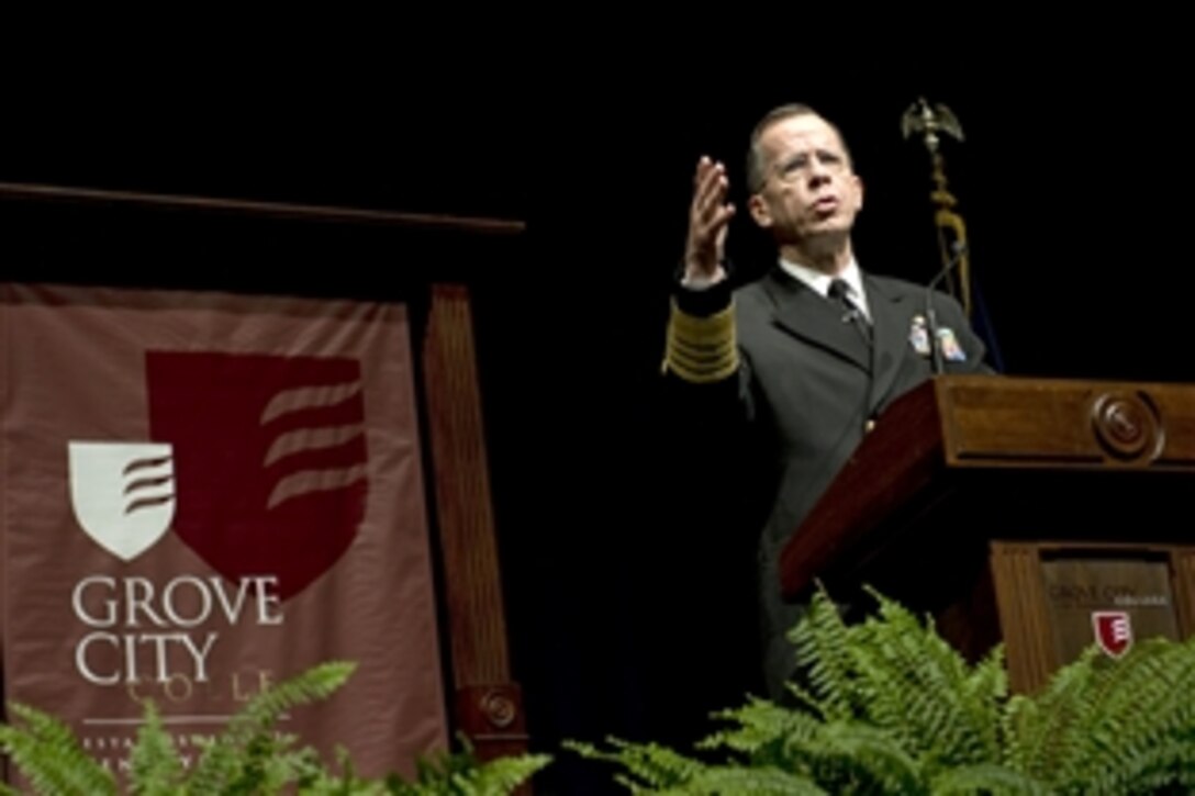 U.S. Navy Adm. Mike Mullen, chairman of the Joint Chiefs of Staff, delivers the Pew Memorial Lecture to students and faculty at Grove City College, Pa., Feb. 2, 2009. The Pew Memorial Lecture honors J. Howard Pew, the college's benefactor, and features  speakers who share Pew's love of faith and freedom.