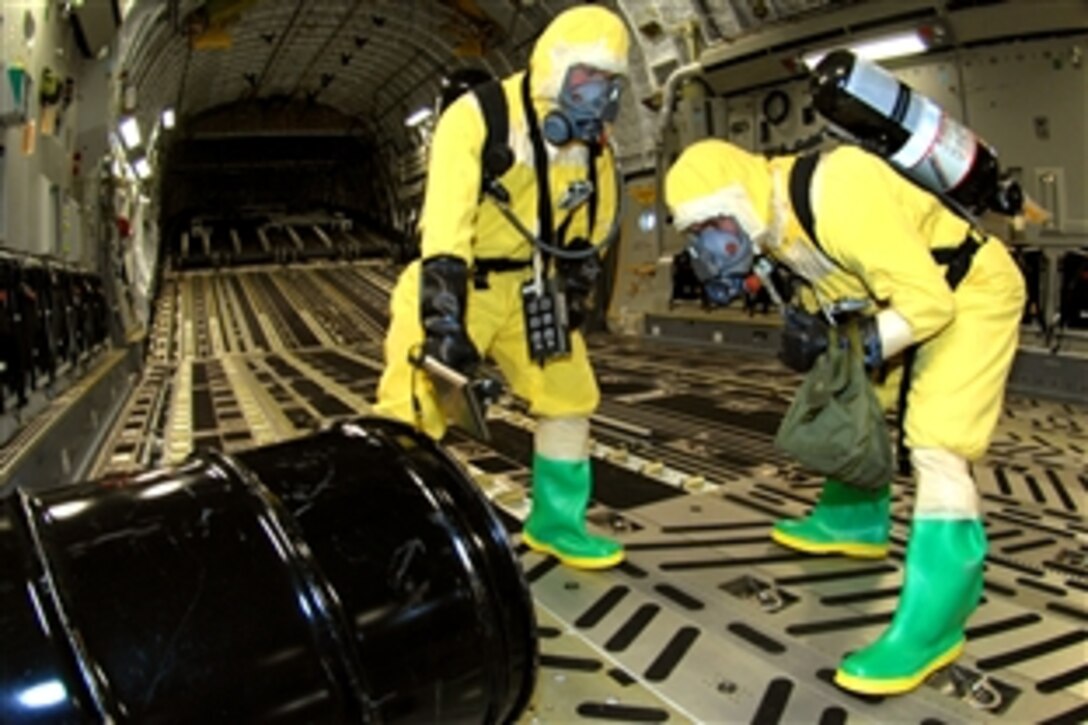 U.S. Air Force Senior Airman Joel Bomgaars, left, and Senior Airman Christopher Bowen  participate in the major accident response exercise on Travis Air Force Base, Calif., Jan. 13, 2009. The airmen, both explosive ordnance disposal technicians from 60th Civil Engineer Squadron, are checking the radiation levels of a container that separated from a pallet aboard a C-17 Globemaster III cargo aircraft.