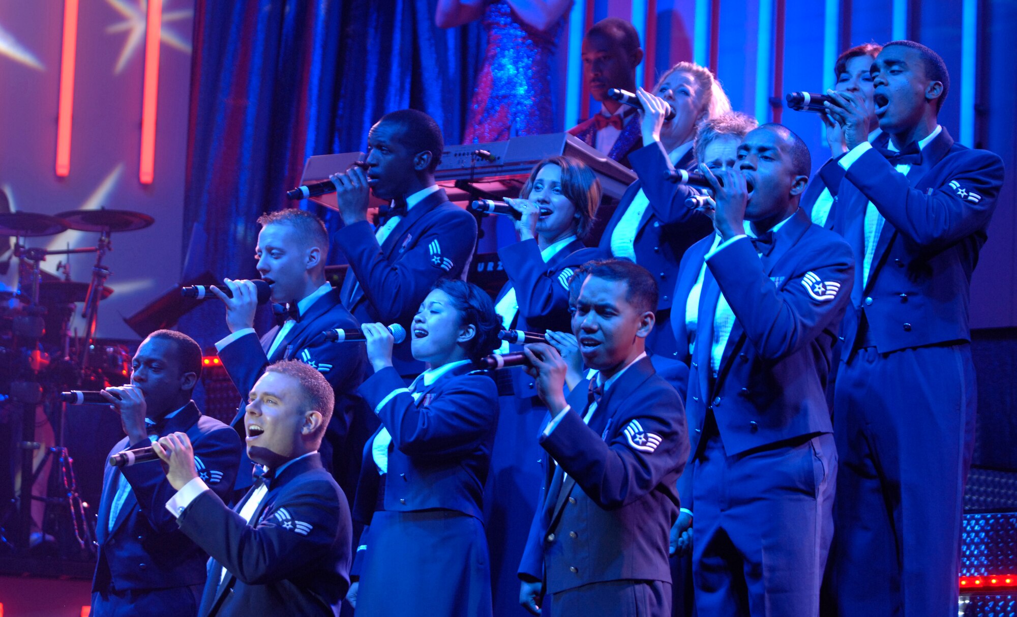 ORPHEUM THEATER, Kan. -- Tops in Blue performers end their show at the Wichita Orpheum with a tribute in song to military members, Feb. 3. Tops in Blue has been performing since 1953 and have performed more than 7,000 shows. (Photo by Senior Airman Laura Suttles)