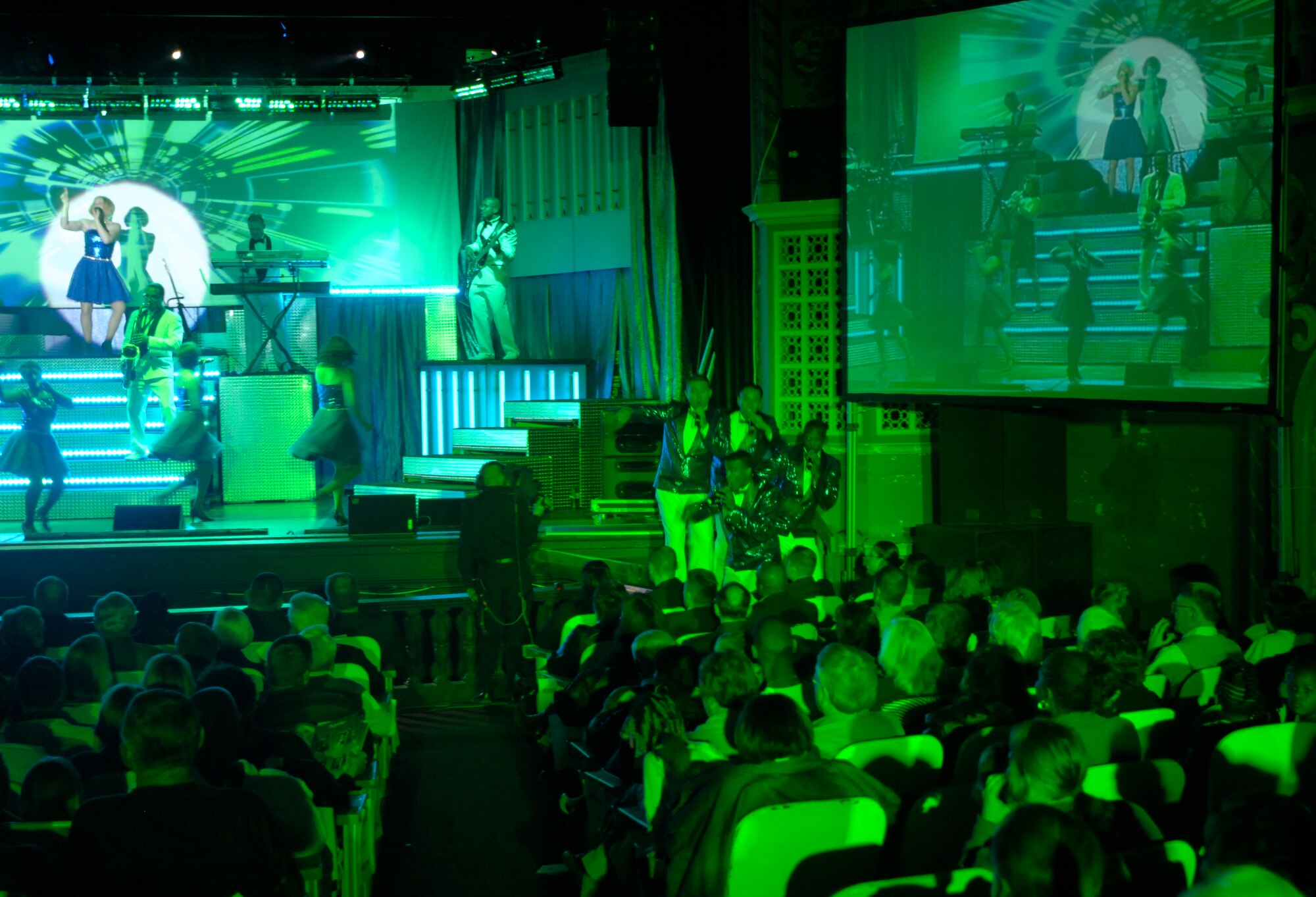 ORPHEUM THEATER, Kan. -- The Air Force’s Tops in Blue group performs at the Wichita Orpheum Theater for the community and members of Team McConnell, Feb. 3. The team consists of 25 total, 8 female and 17 male, including technical staff and performers. (Photo by Senior Airman Laura Suttles)