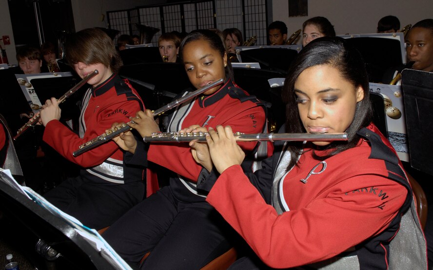 Members of the Parkview High School band, Bossier City, La., play during the National Prayer Breakfast held on Barksdale.