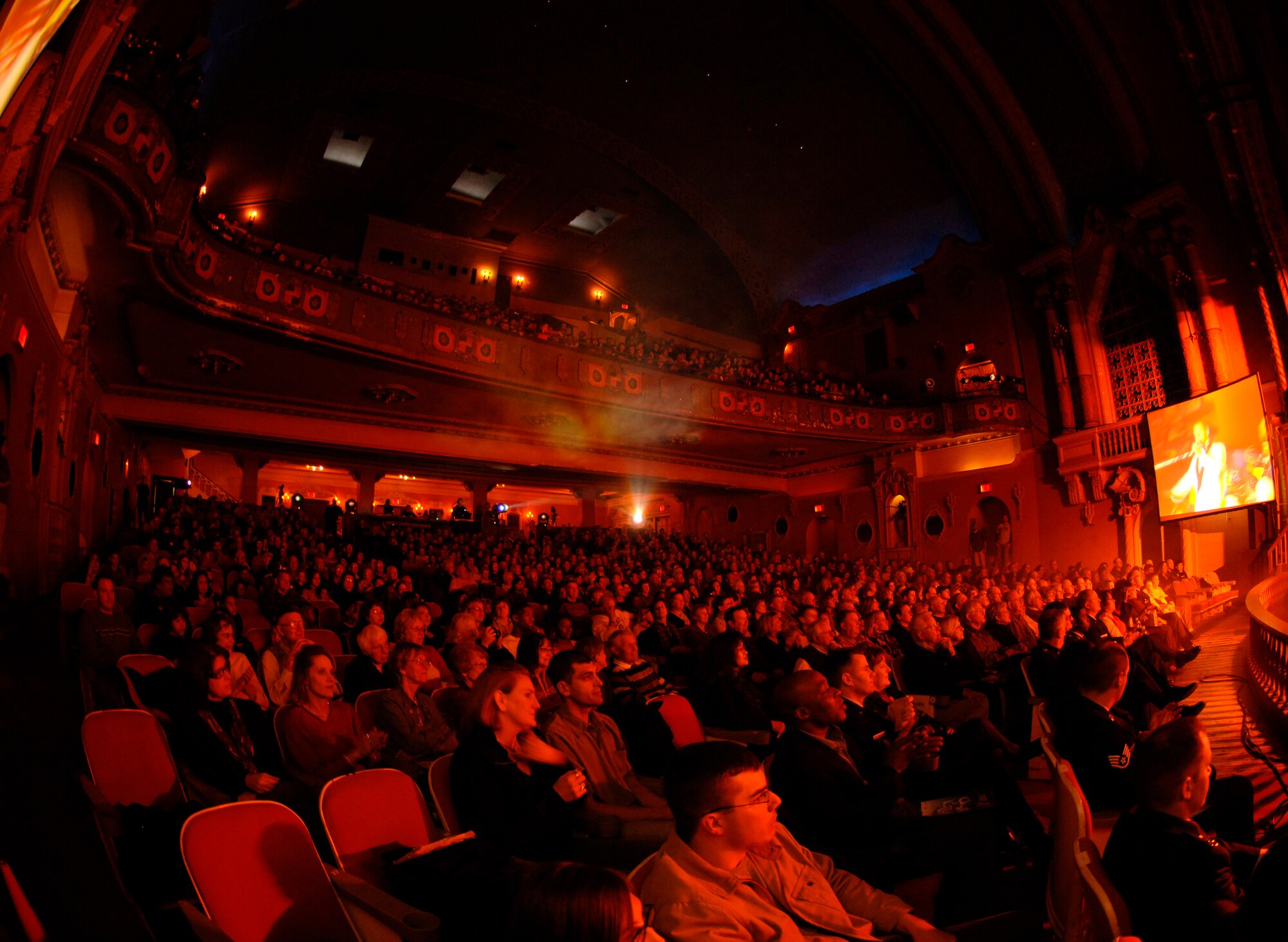 ORPHEUM THEATER, Kan. -- Members of the Wichita community and Team McConnell gather in the Orpheum Theater to watch a performance of the Air Force’s Tops in Blue performance team, Feb. 3. The Tops in Blue group is wrapping up its world tour 08 with McConnell Air Force Base being the 83rd base visited. (Photo by Senior Airman Laura Suttles)