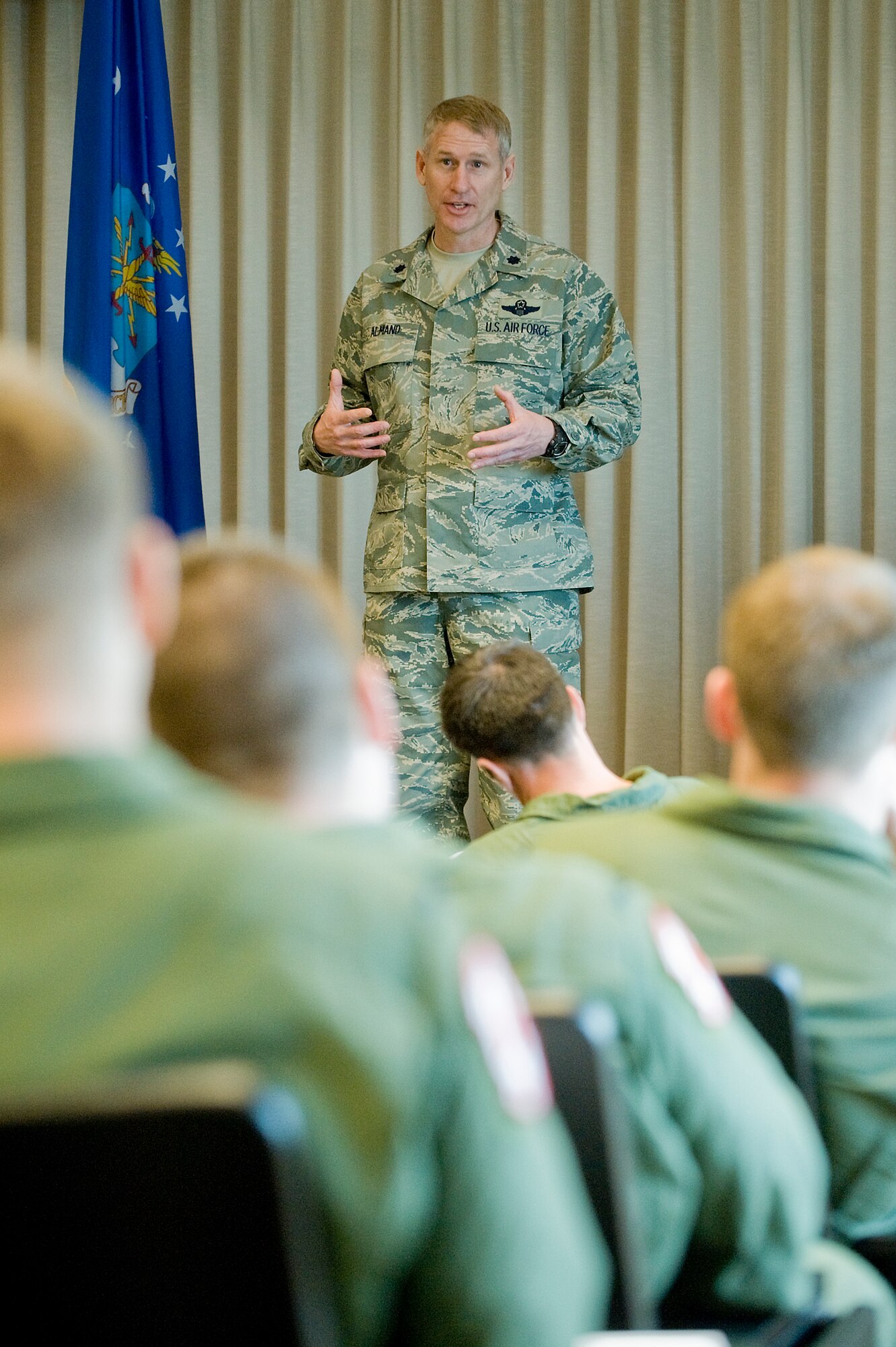 Lt. Col. David Almand, 517th Airlift Squadron commander, briefs Elmendorf Airmen at McChord Feb. 2. (U.S. Air Force photo/Abner Guzman)